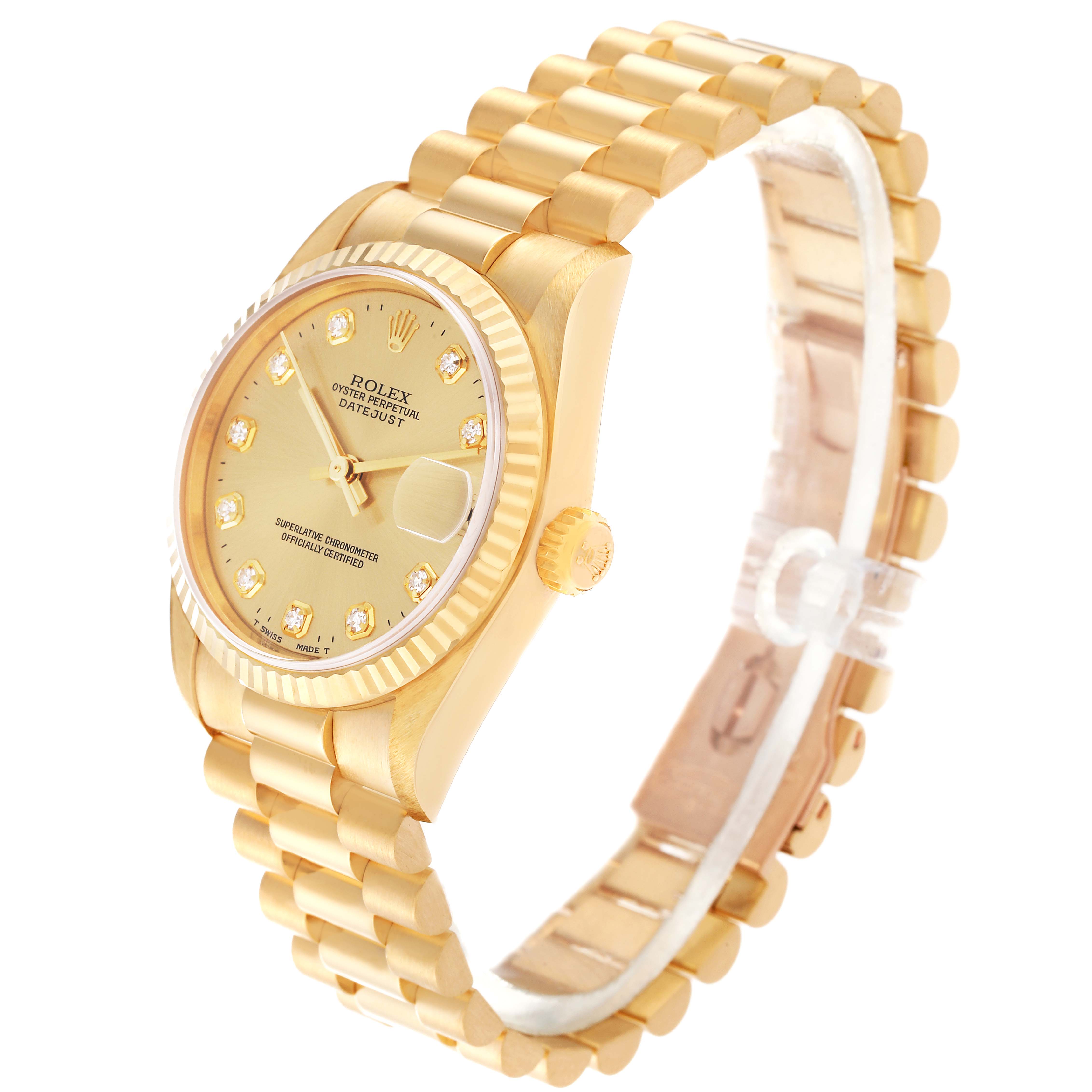 This image shows a Rolex President 78278 Women's Yellow Gold Champagne Dial 78278 Women's Yellow Gold Champagne Dial model watch at a slight angle, highlighting its gold case, bracelet, and diamond hour markers.