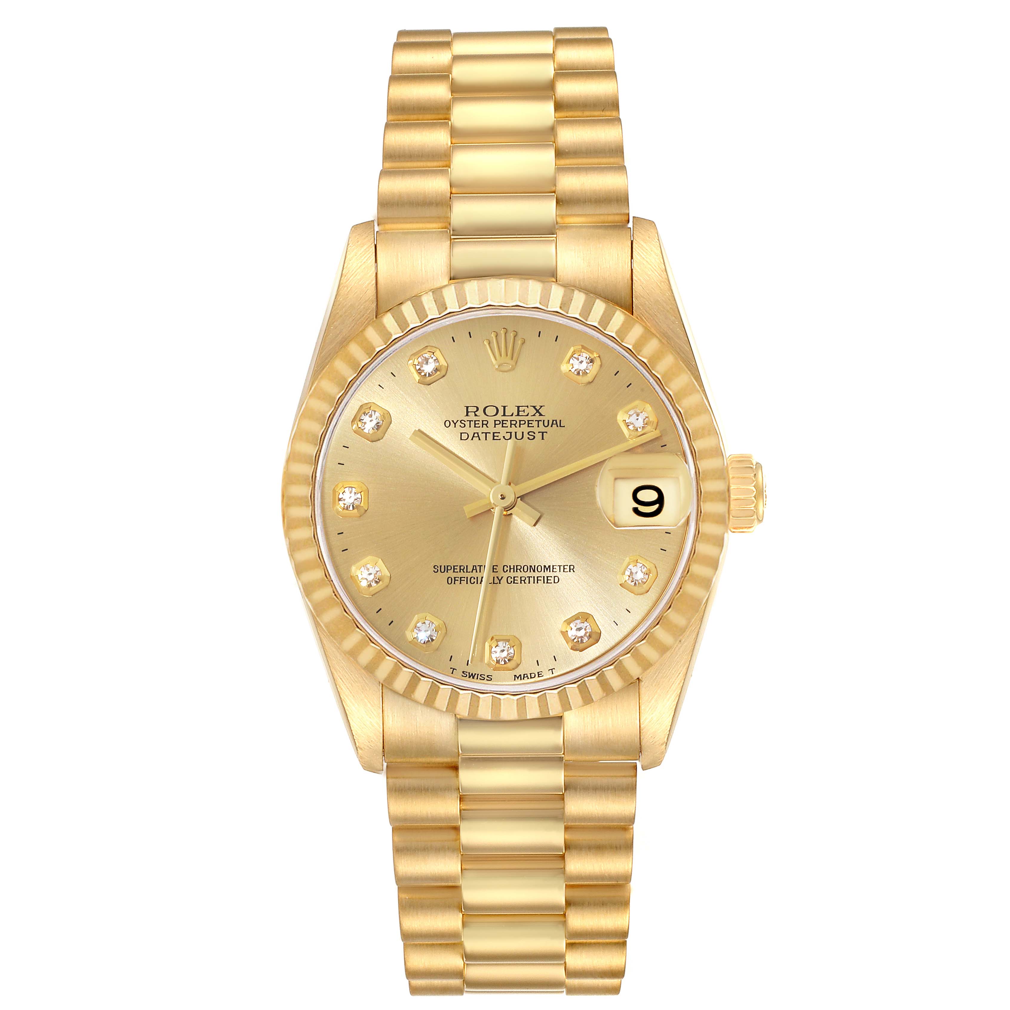 This image shows a front view of the Rolex President 78278 Women's Yellow Gold Champagne Dial 78278 Women's Yellow Gold Champagne Dial model watch, highlighting the dial, bracelet, and date window.