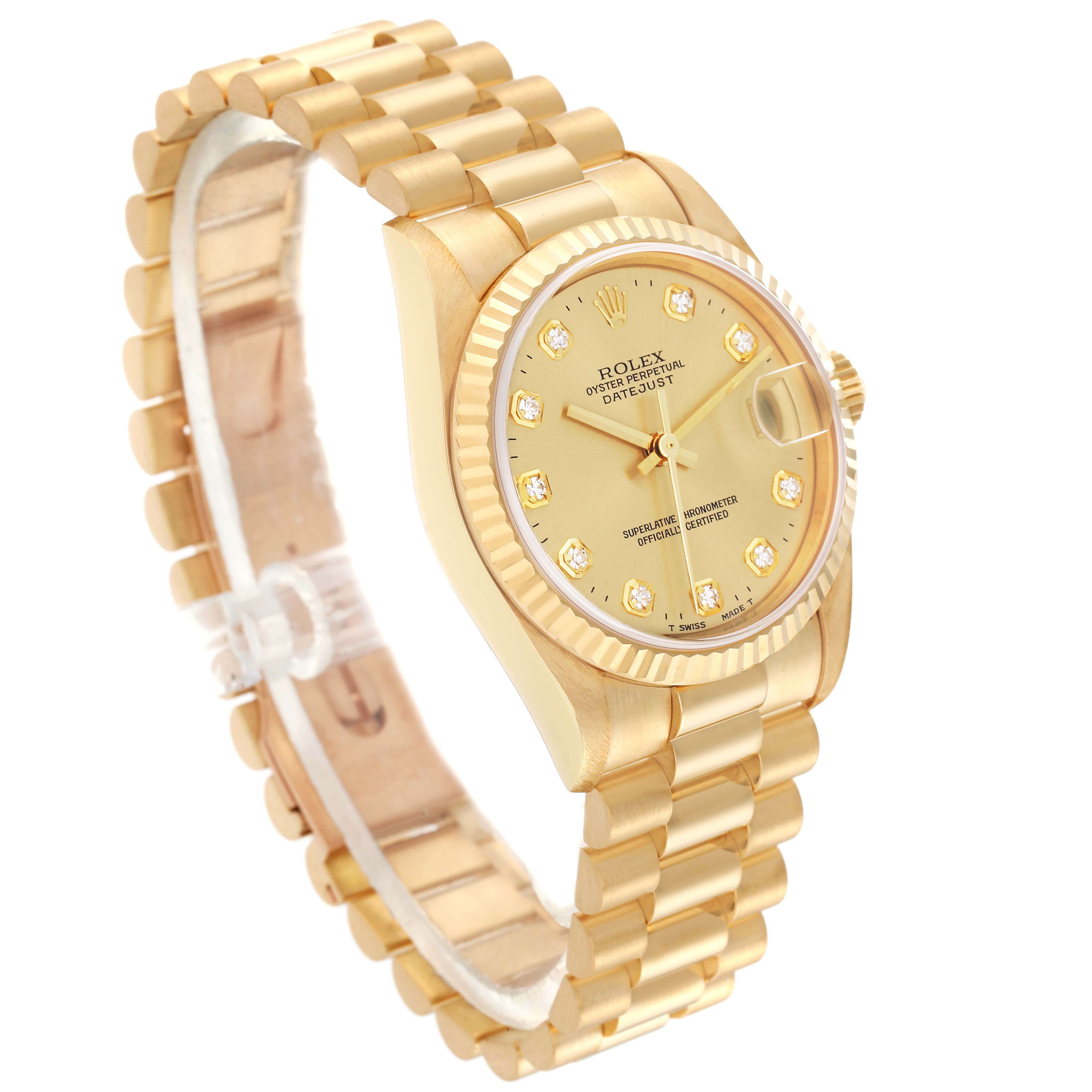 This Rolex President 78278 Women's Yellow Gold Champagne Dial 78278 Women's Yellow Gold Champagne Dial model watch is shown at an angled side view, highlighting its gold case and bracelet with a diamond-accented dial.