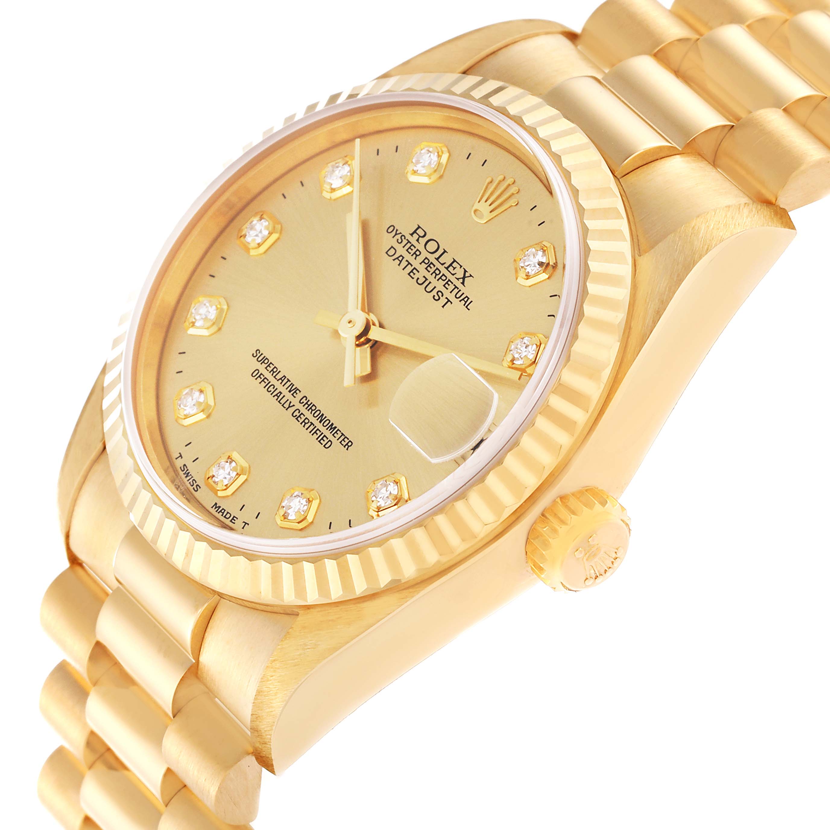 The image shows a gold Rolex President 78278 Women's Yellow Gold Champagne Dial 78278 Women's Yellow Gold Champagne Dial model watch at a three-quarter angle, highlighting the dial, crown, and bracelet.