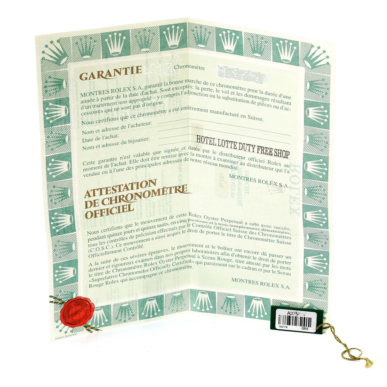 The image shows the warranty and certification papers for the Rolex President 78278 Women's Yellow Gold Champagne Dial 78278 Women's Yellow Gold Champagne Dial model along with a black tag attached to a string.