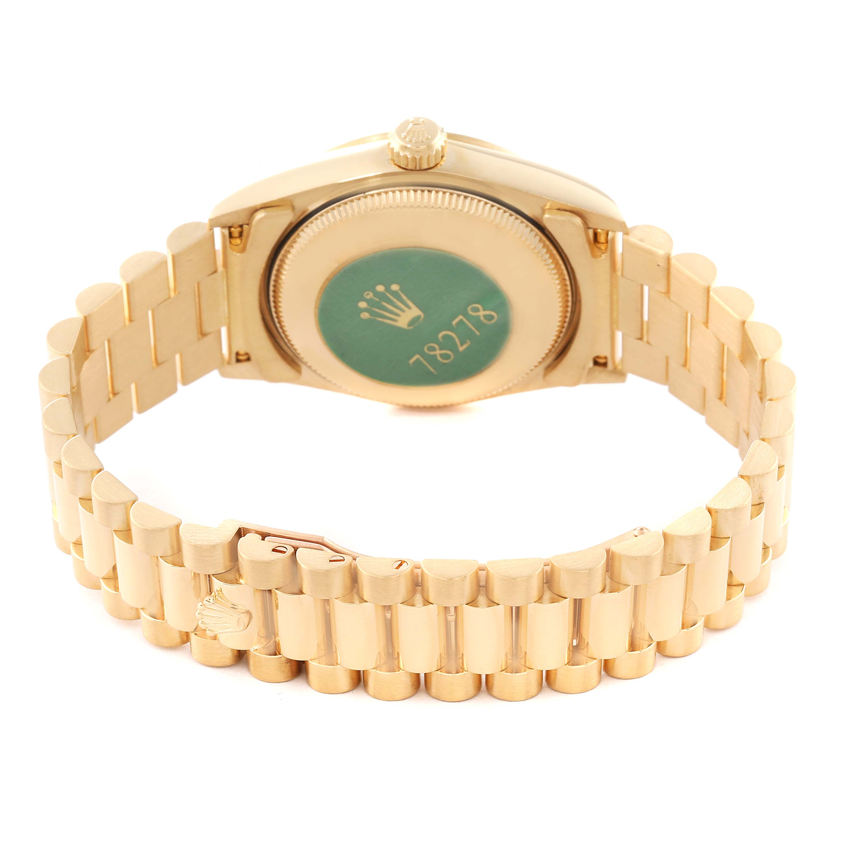 This image shows the back and bracelet of a Rolex President 78278 Women's Yellow Gold Champagne Dial 78278 Women's Yellow Gold Champagne Dial model watch, highlighting the clasp and case back with a green sticker.