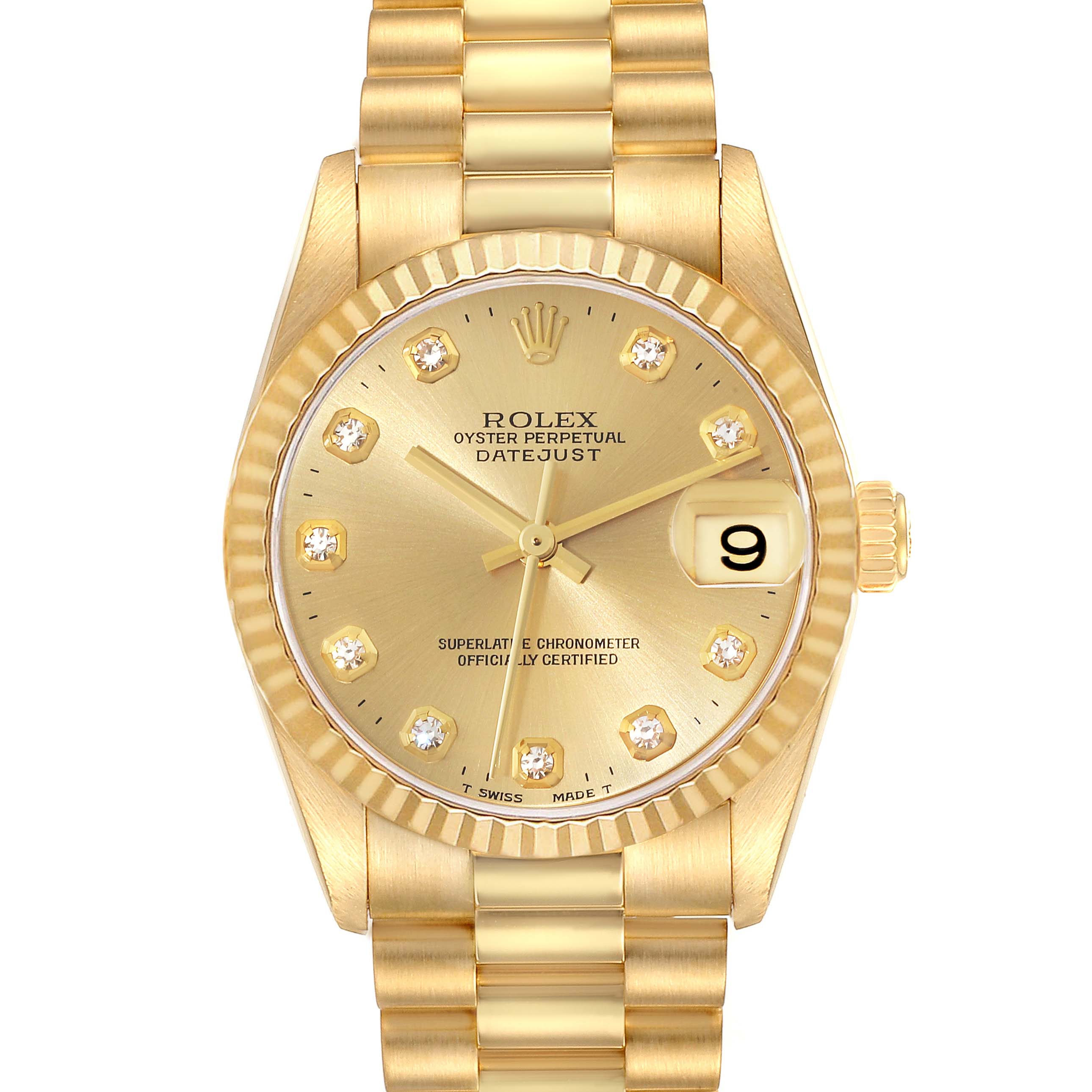 This is a close-up front view of a Rolex President 78278 Women's Yellow Gold Champagne Dial 78278 Women's Yellow Gold Champagne Dial Datejust watch, showing the gold dial, diamond hour markers, and bracelet.