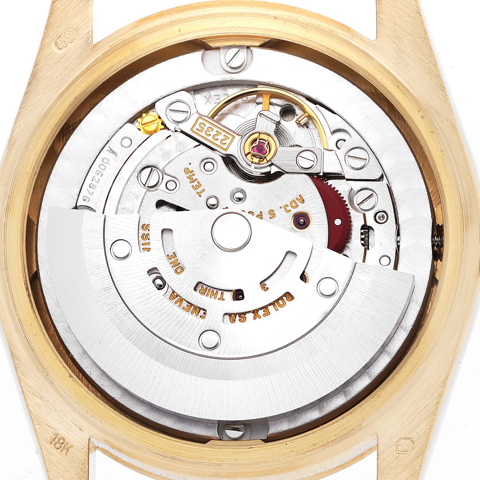 This image shows the internal mechanism of a Rolex President 78278 Women's Yellow Gold Champagne Dial 78278 Women's Yellow Gold Champagne Dial model watch from a close-up, top-down angle.