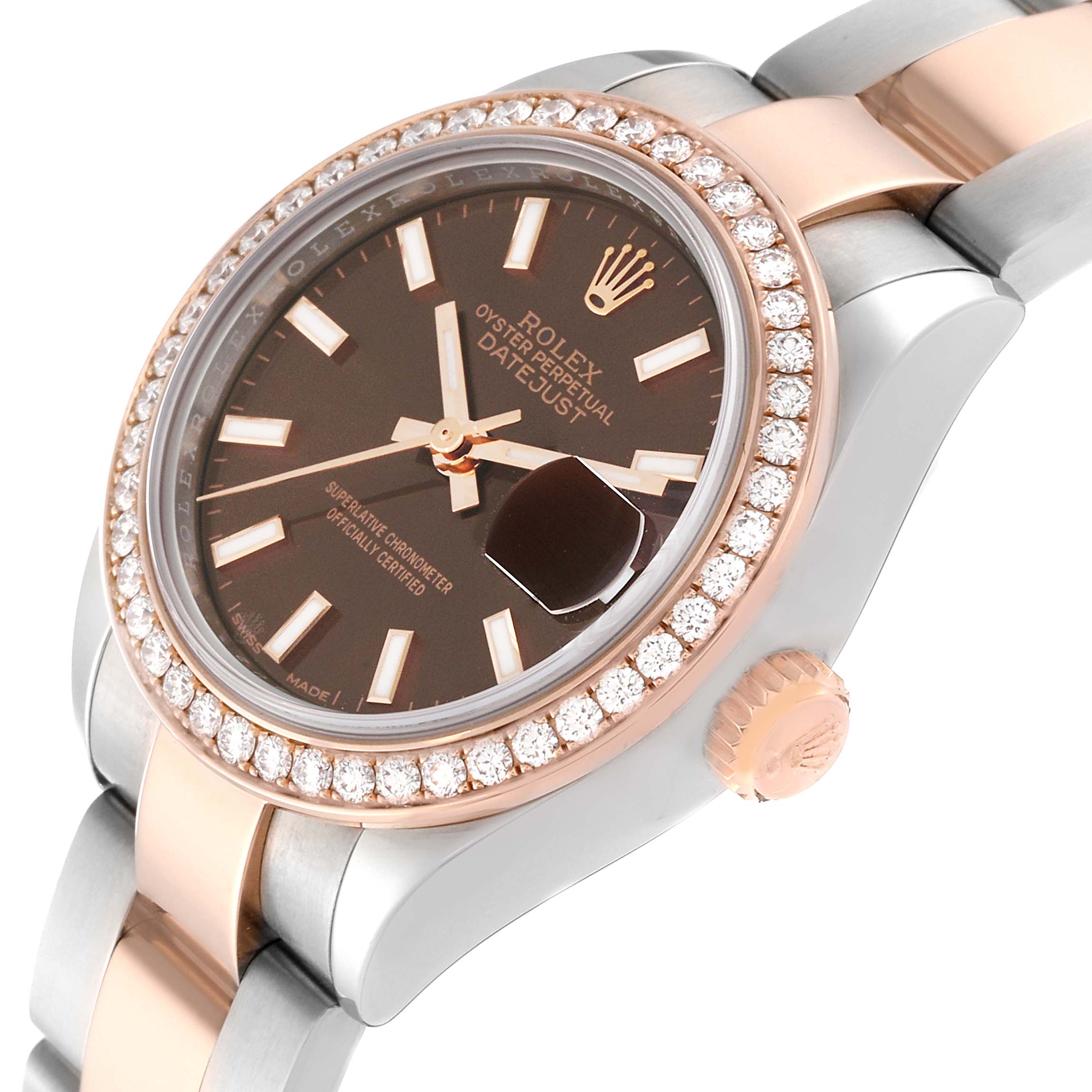 This image shows a close-up, angled view of a Rolex Datejust 279381 Women's Steel and Gold (two tone) Brown Dial 279381 Women's Steel and Gold (two tone) Brown Dial watch, highlighting its dial, bezel, and part of the bracelet.