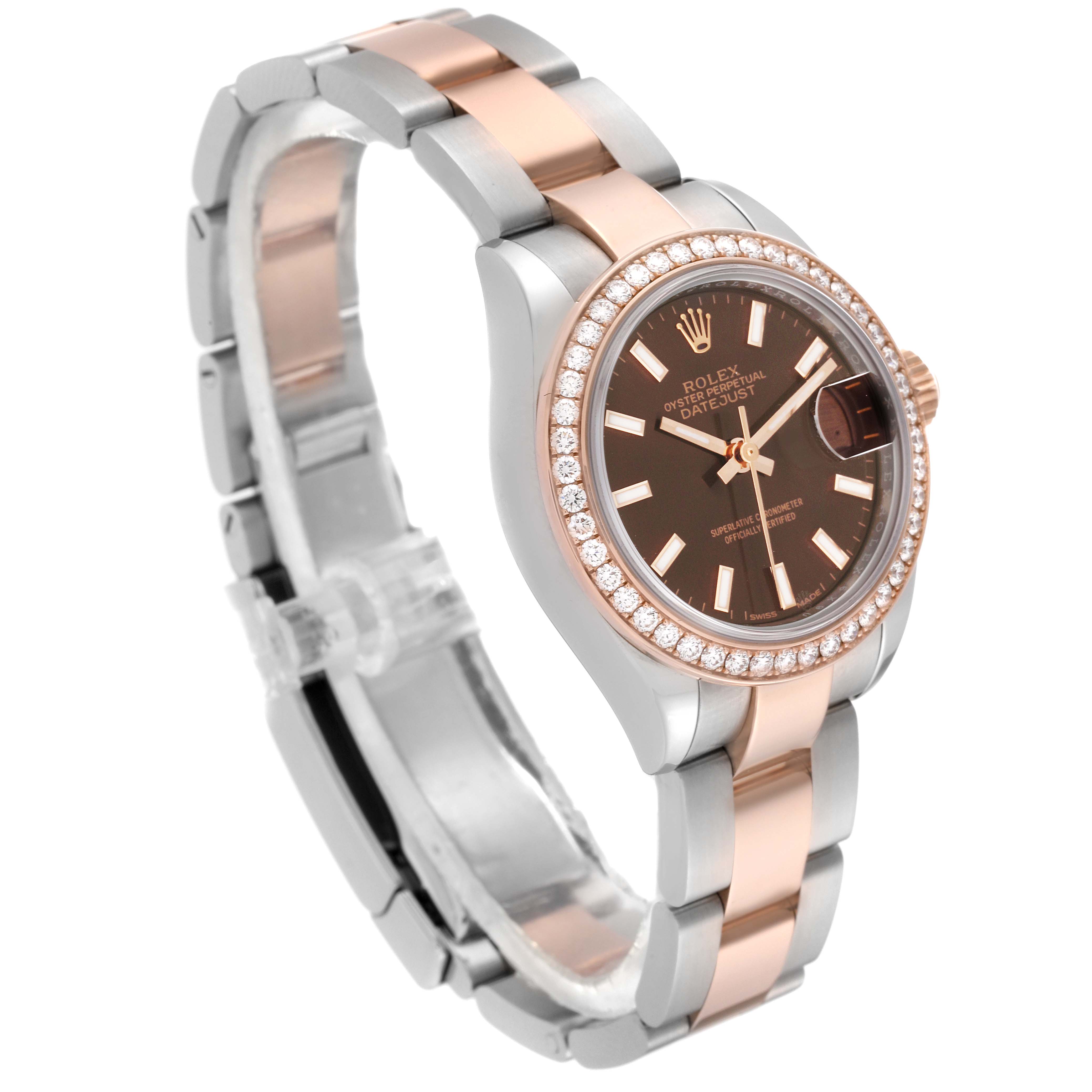 The photo shows a side angle of the Rolex Datejust 279381 Women's Steel and Gold (two tone) Brown Dial 279381 Women's Steel and Gold (two tone) Brown Dial watch, highlighting the watch face, bezel, and bracelet.