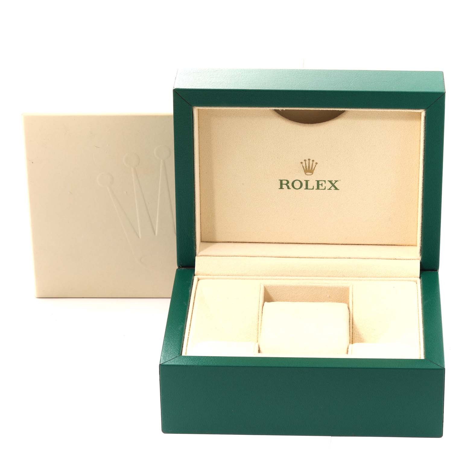 This is the open packaging for a Rolex Datejust 279381 Women's Steel and Gold (two tone) Brown Dial 279381 Women's Steel and Gold (two tone) Brown Dial, showing the inner watch cushion and compartments.