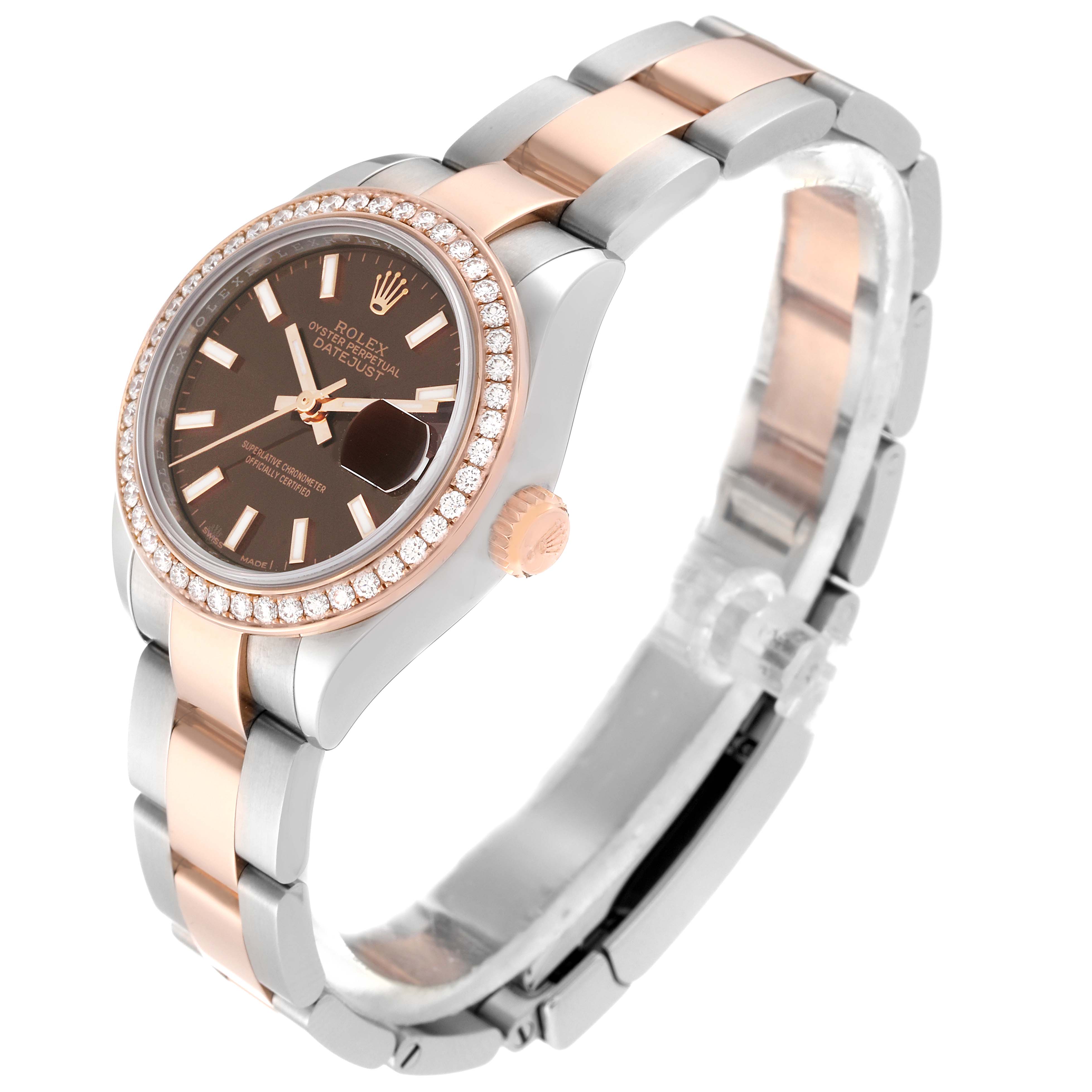 The image shows a Rolex Datejust 279381 Women's Steel and Gold (two tone) Brown Dial 279381 Women's Steel and Gold (two tone) Brown Dial watch angled to display the face, bezel, crown, and part of the bracelet.