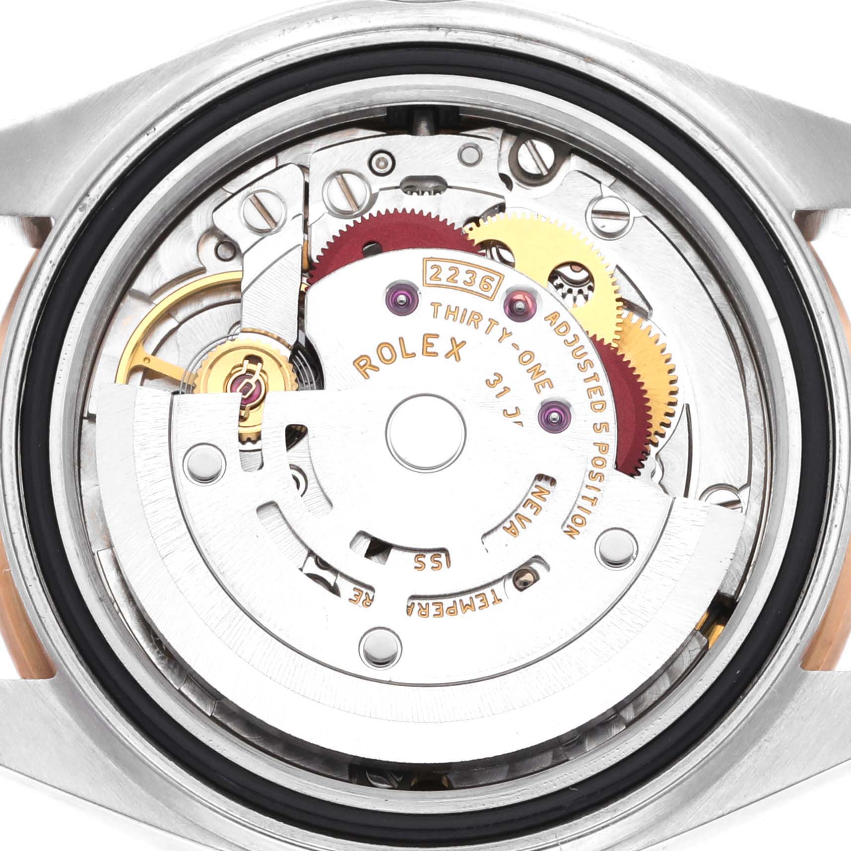 This image shows the internal movement mechanism of a Rolex Datejust 279381 Women's Steel and Gold (two tone) Brown Dial 279381 Women's Steel and Gold (two tone) Brown Dial watch, viewed from the back with the case removed.