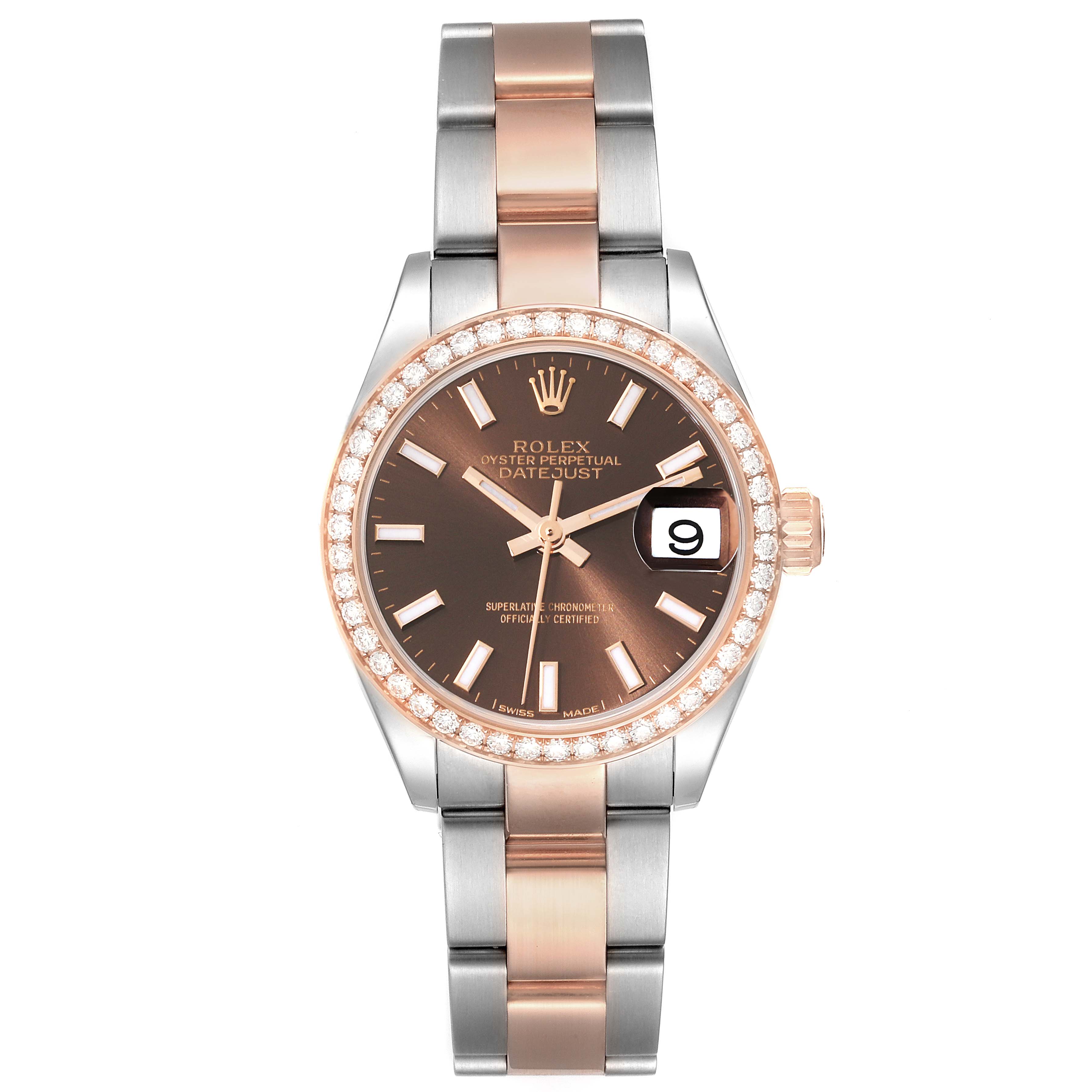The Rolex Datejust 279381 Women's Steel and Gold (two tone) Brown Dial 279381 Women's Steel and Gold (two tone) Brown Dial watch is shown from a top-down angle, highlighting its dial, bezel, and the full bracelet.