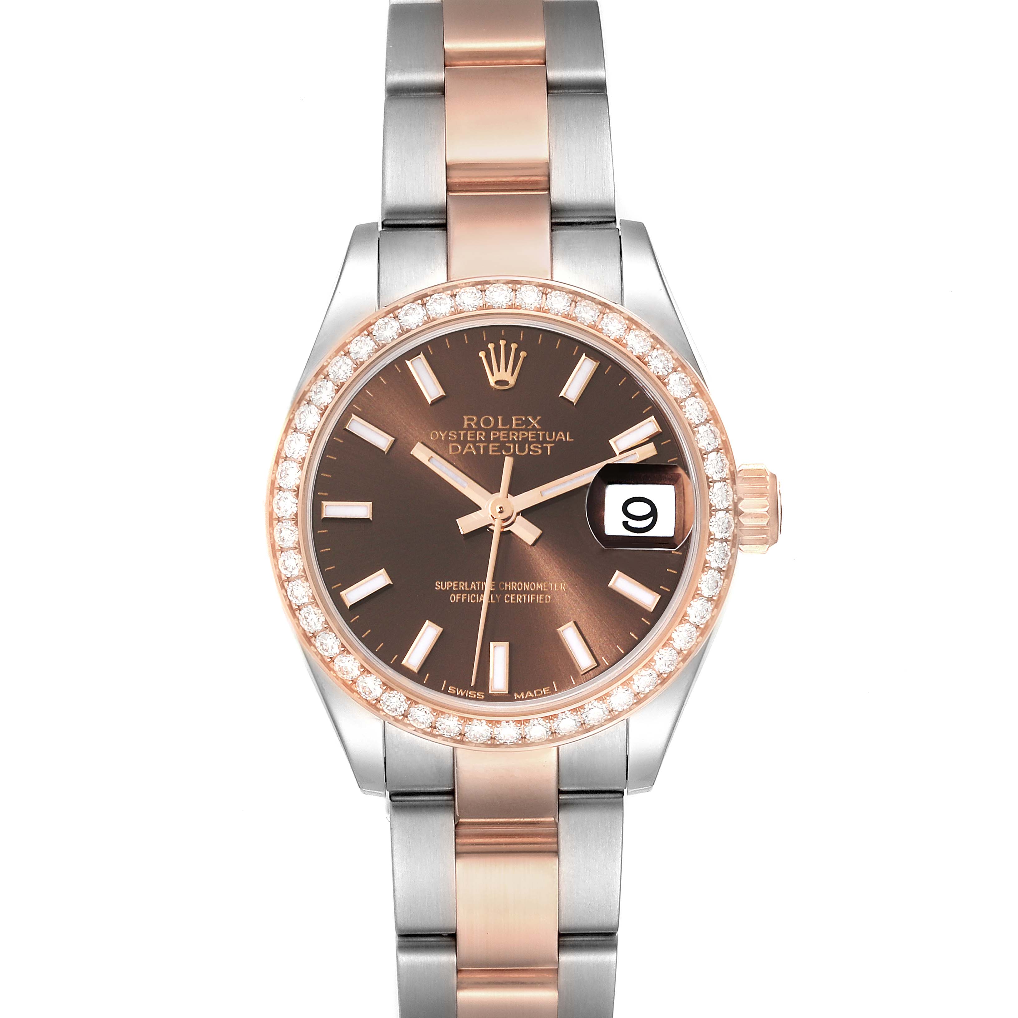 The image shows a front view of the Rolex Datejust 279381 Women's Steel and Gold (two tone) Brown Dial 279381 Women's Steel and Gold (two tone) Brown Dial watch, featuring a two-tone bracelet, diamond-set bezel, and date display.
