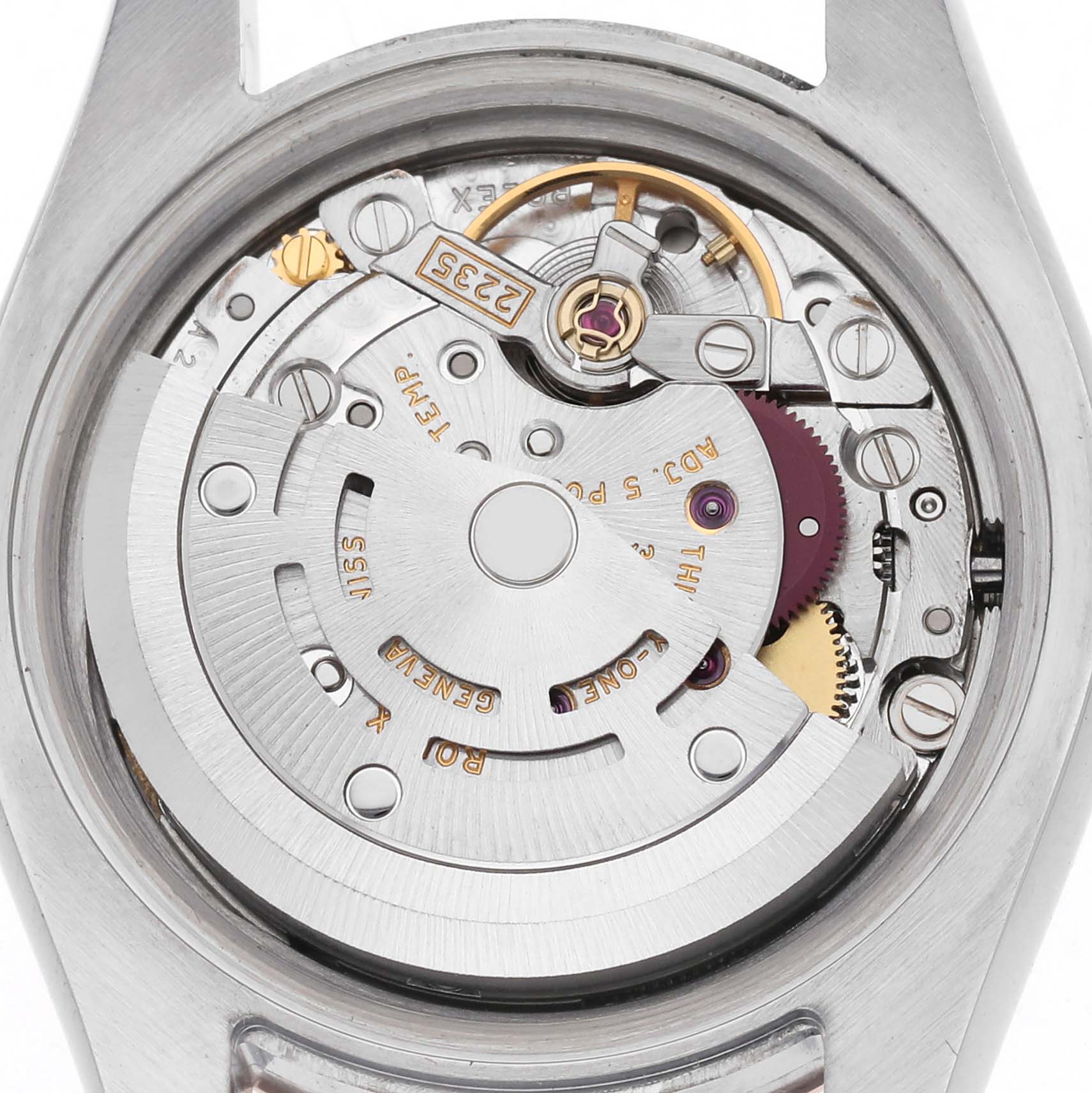 The image shows the intricate movement mechanism of a Rolex Datejust 179171 Women's Steel and Gold (two tone) White Dial 179171 Women's Steel and Gold (two tone) White Dial watch from the back.