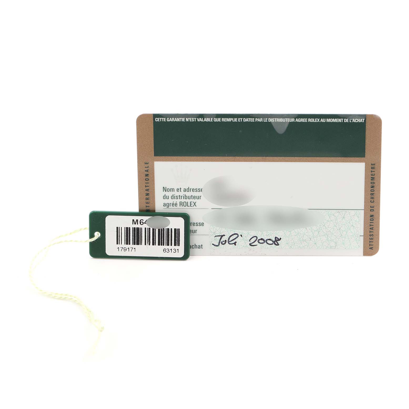 The image shows a Rolex Datejust 179171 Women's Steel and Gold (two tone) White Dial 179171 Women's Steel and Gold (two tone) White Dial authenticity card and a green tag with a barcoded label.