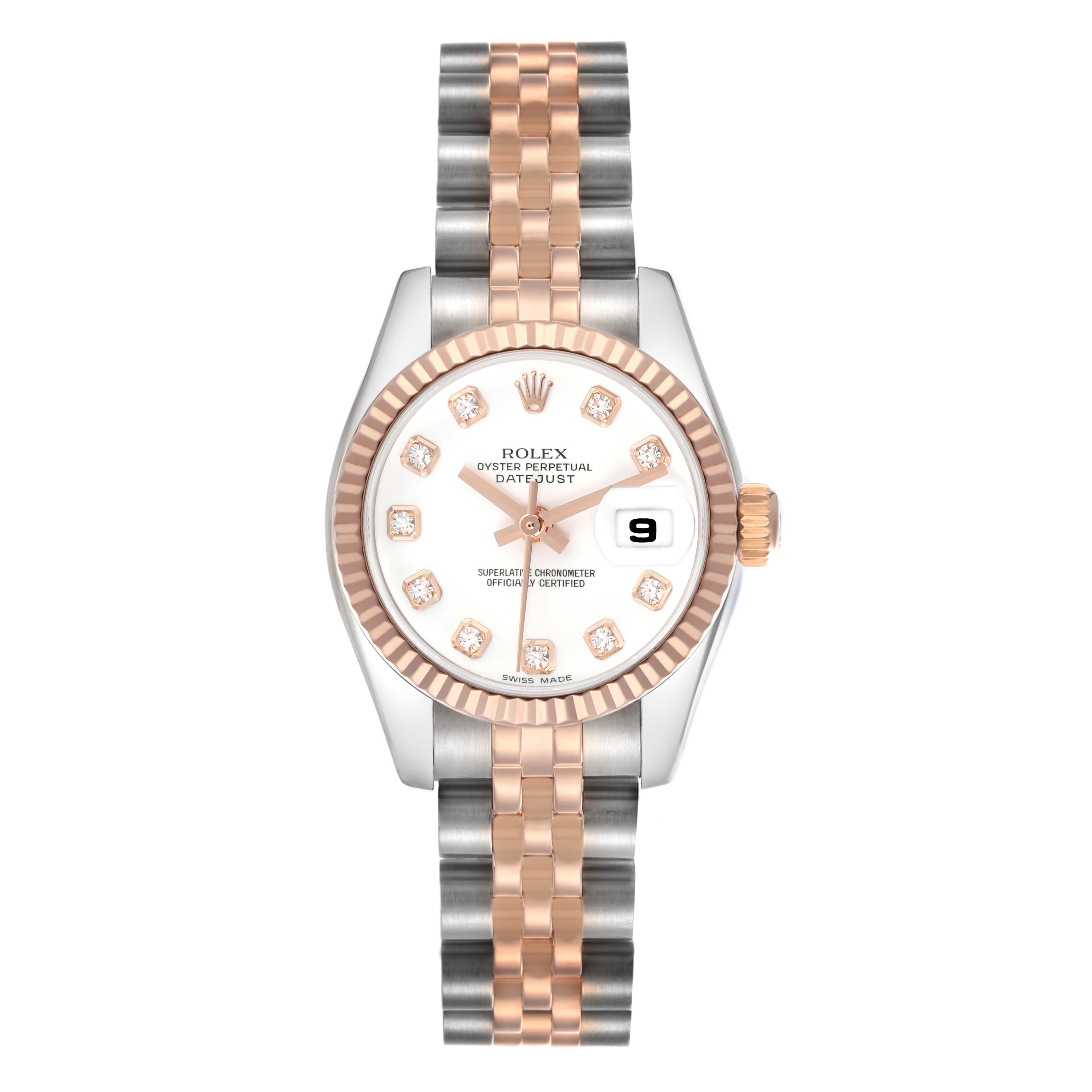 The Rolex Datejust 179171 Women's Steel and Gold (two tone) White Dial 179171 Women's Steel and Gold (two tone) White Dial watch is shown from a top view, displaying its dial, bezel, and two-tone bracelet.