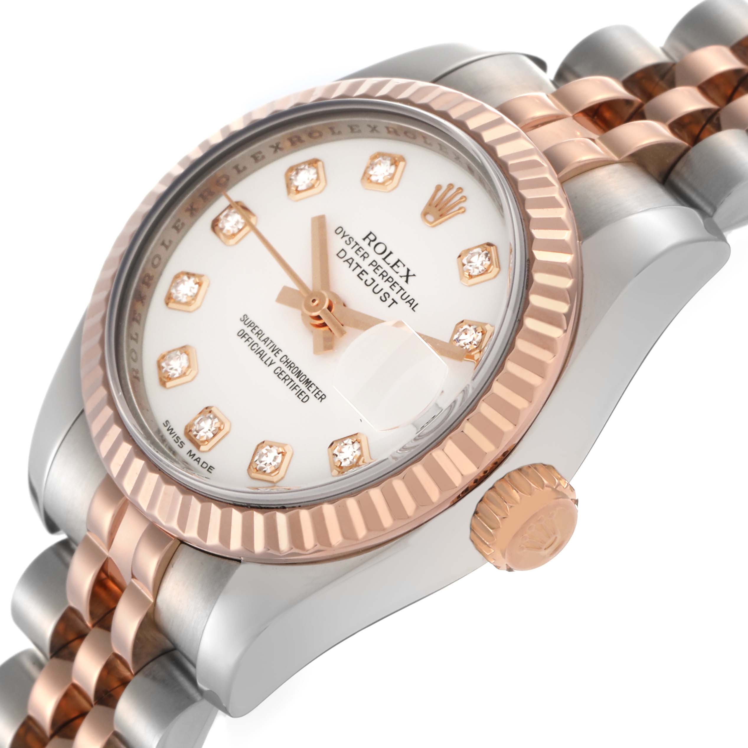 The Rolex Datejust 179171 Women's Steel and Gold (two tone) White Dial 179171 Women's Steel and Gold (two tone) White Dial watch is shown from a front-side angle highlighting the dial, fluted bezel, and part of the bracelet.