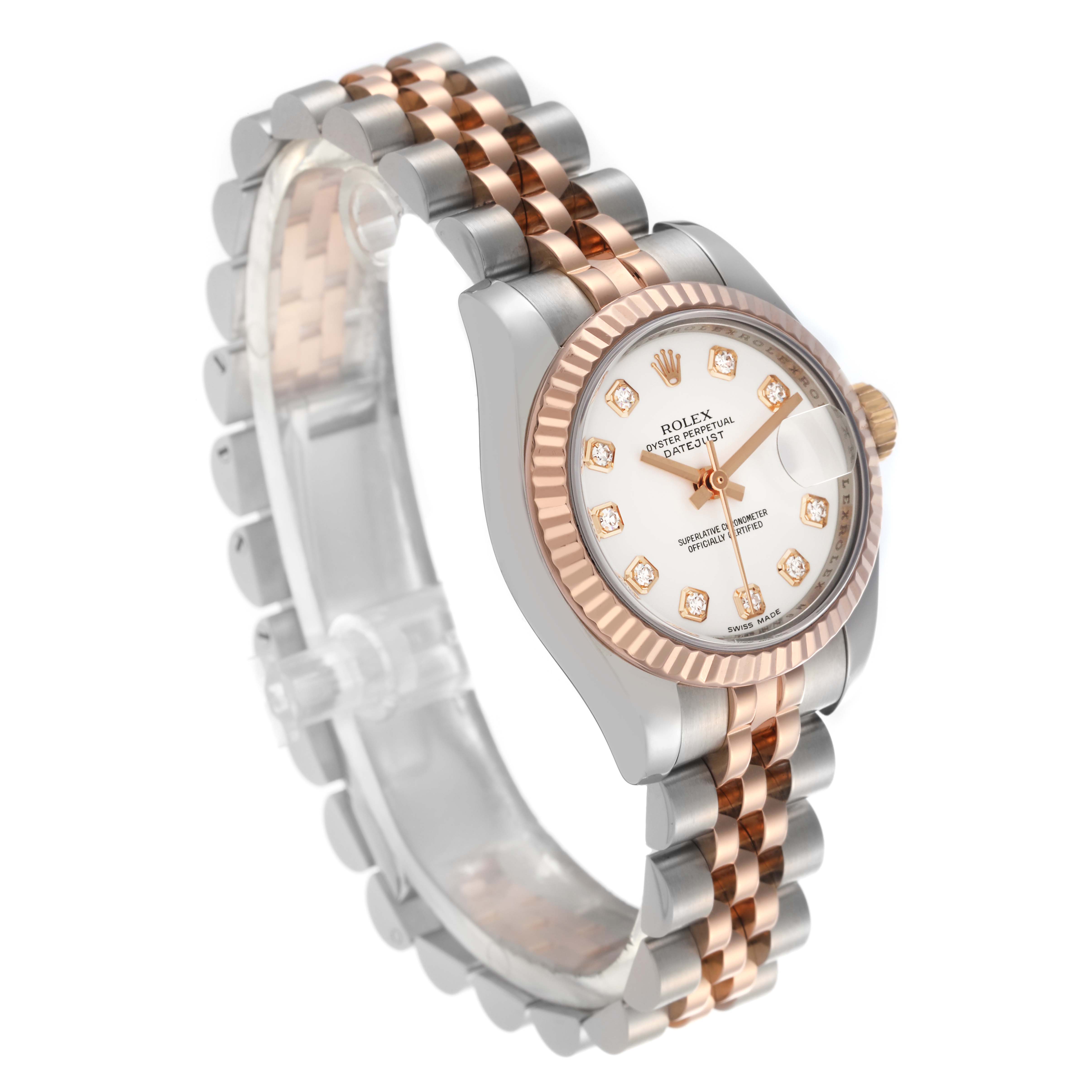 The Rolex Datejust 179171 Women's Steel and Gold (two tone) White Dial 179171 Women's Steel and Gold (two tone) White Dial watch is shown at an angled view, highlighting the face, bezel, and two-tone bracelet.