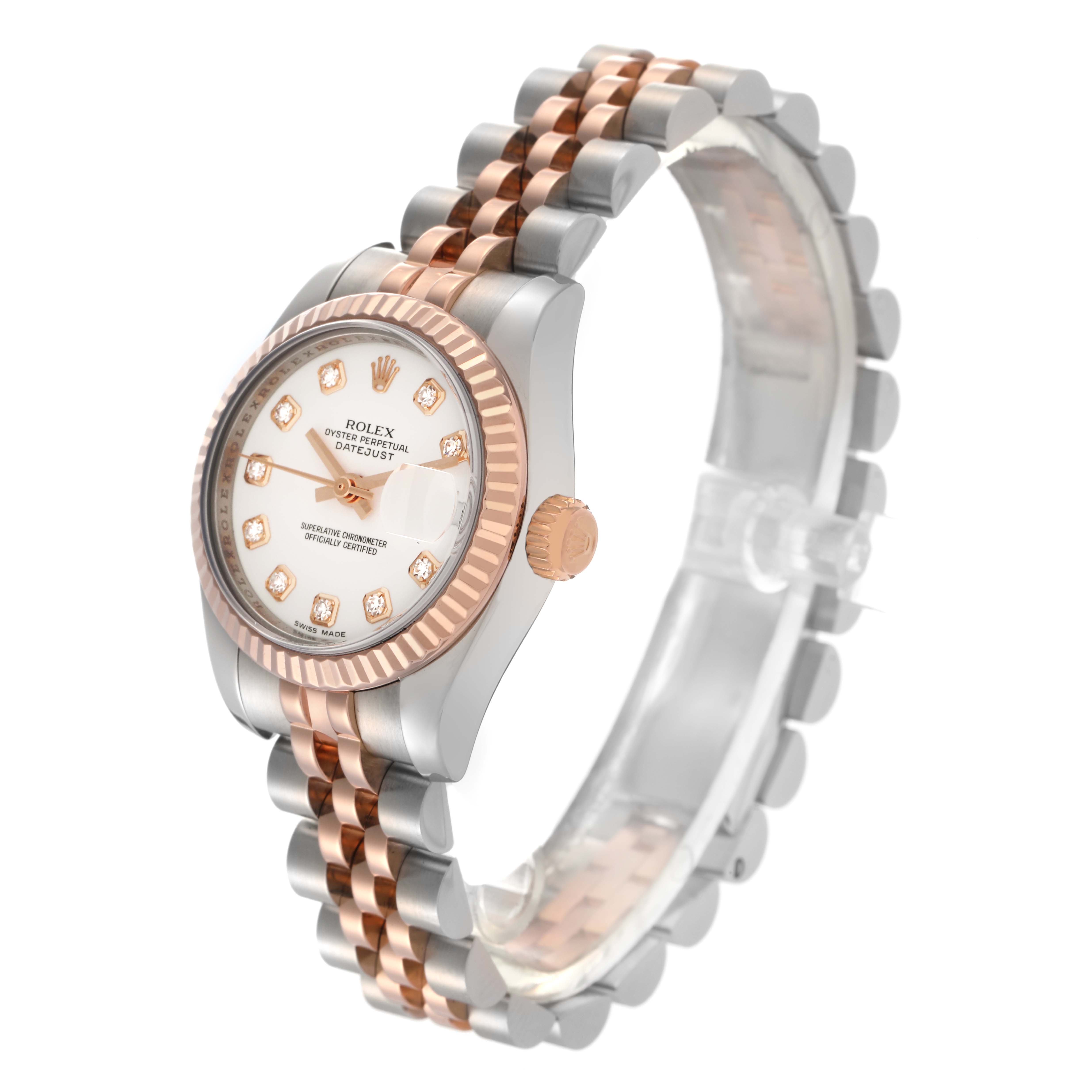 The Rolex Datejust 179171 Women's Steel and Gold (two tone) White Dial 179171 Women's Steel and Gold (two tone) White Dial watch is shown from a three-quarter angle, displaying its dial, bezel, crown, and a two-tone bracelet.