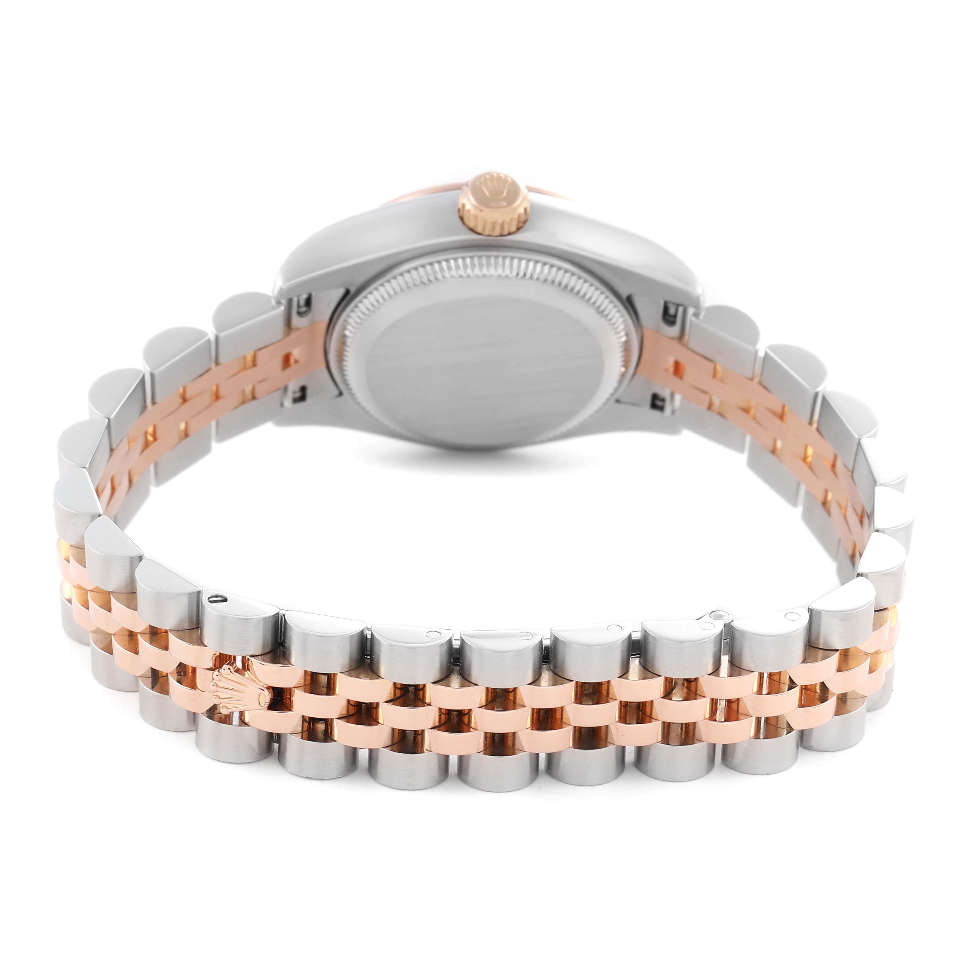 The Rolex Datejust 179171 Women's Steel and Gold (two tone) White Dial 179171 Women's Steel and Gold (two tone) White Dial watch is shown from the back, highlighting the bracelet and caseback.