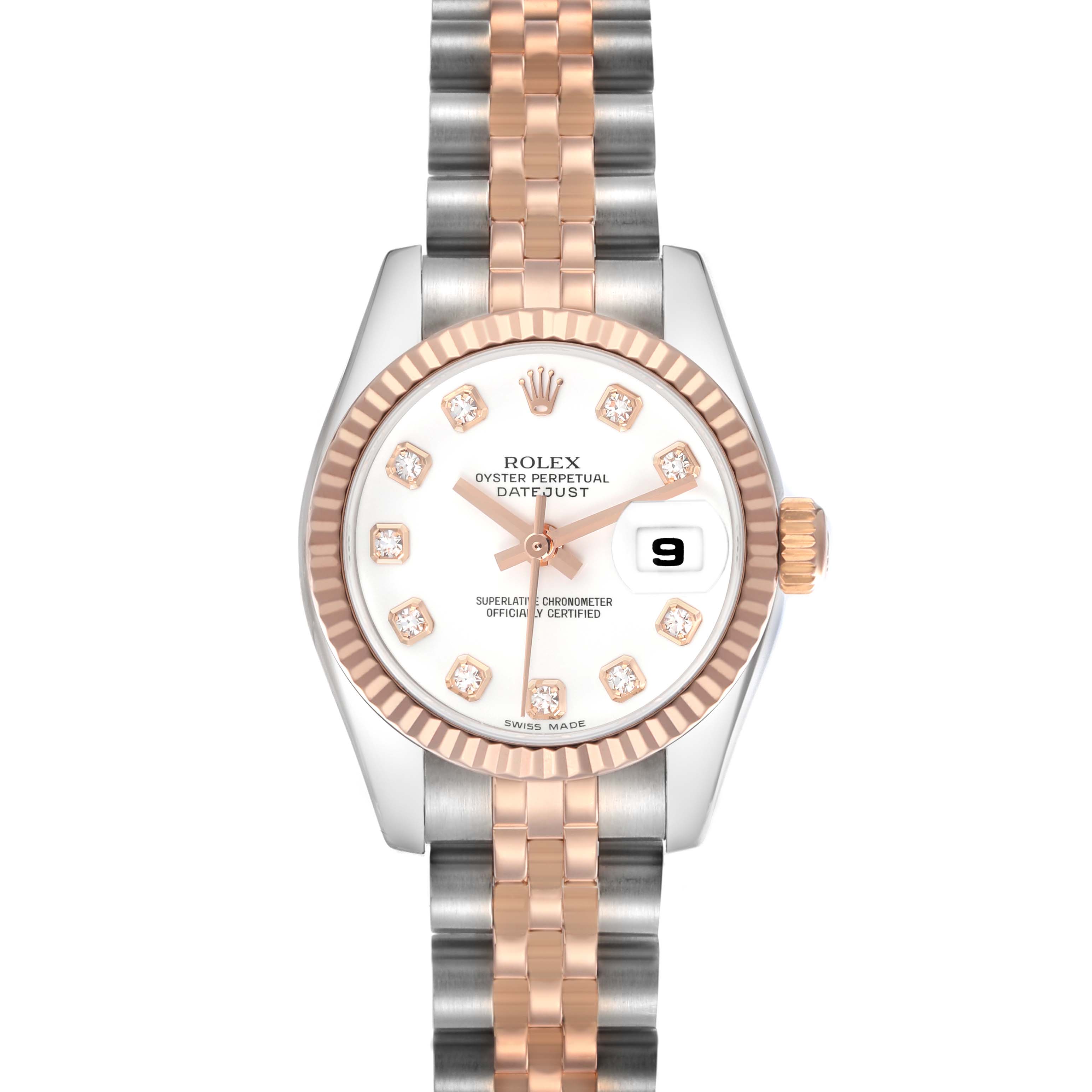 The Rolex Datejust 179171 Women's Steel and Gold (two tone) White Dial 179171 Women's Steel and Gold (two tone) White Dial watch is shown from a top-down angle, displaying its dial, bezel, crown, and bracelet.
