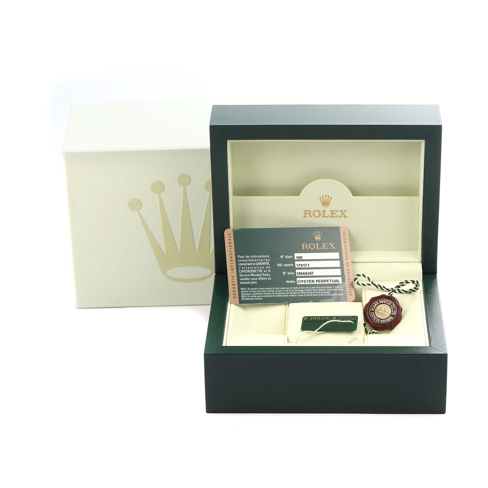 The image shows a Rolex Datejust 179171 Women's Steel and Gold (two tone) White Dial 179171 Women's Steel and Gold (two tone) White Dial box with warranty card, tag, and accessories inside.