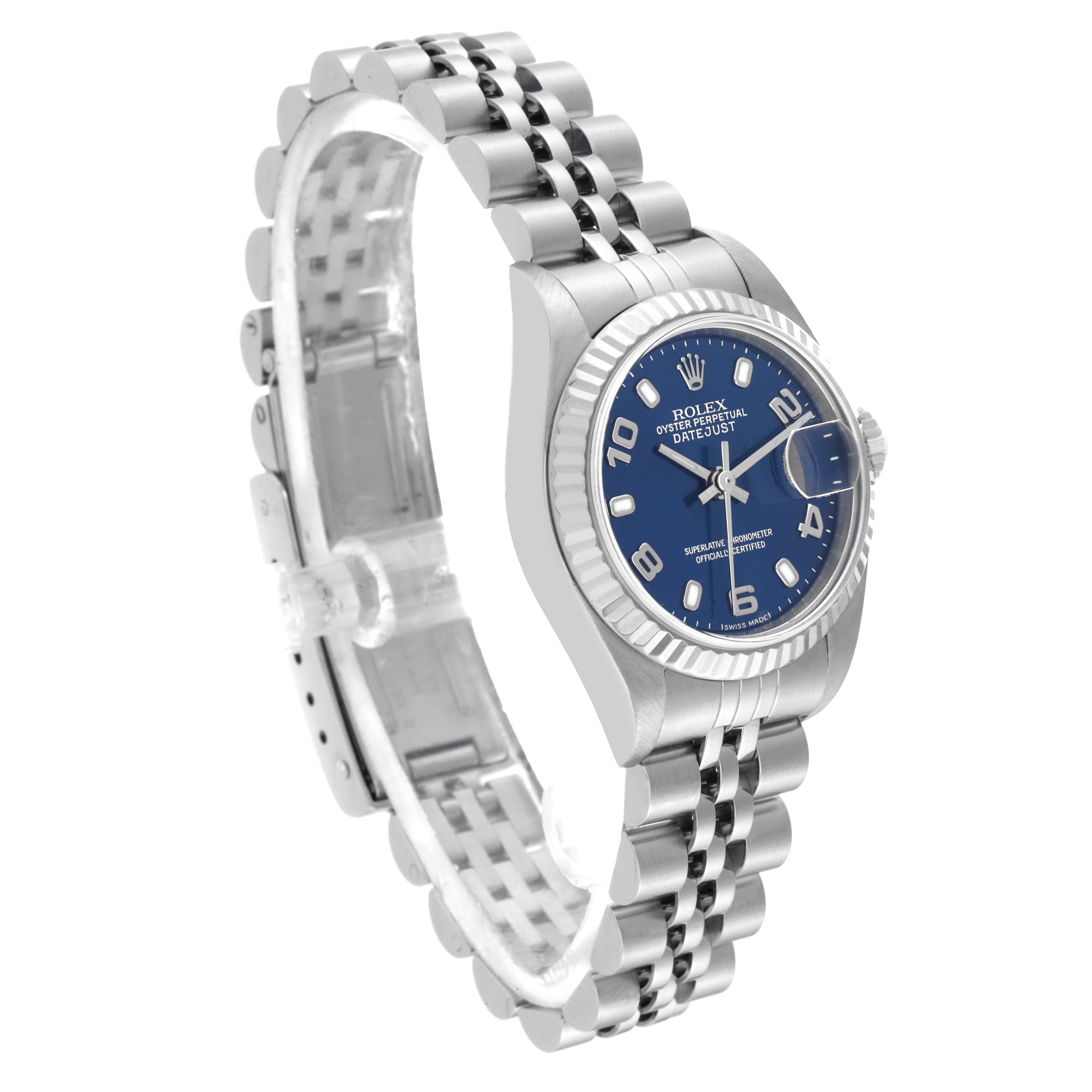 The image shows a Rolex Datejust 79174 Women's Stainless Steel Blue Dial 79174 Women's Stainless Steel Blue Dial watch at a slight angle, displaying the face, bezel, and part of the bracelet.