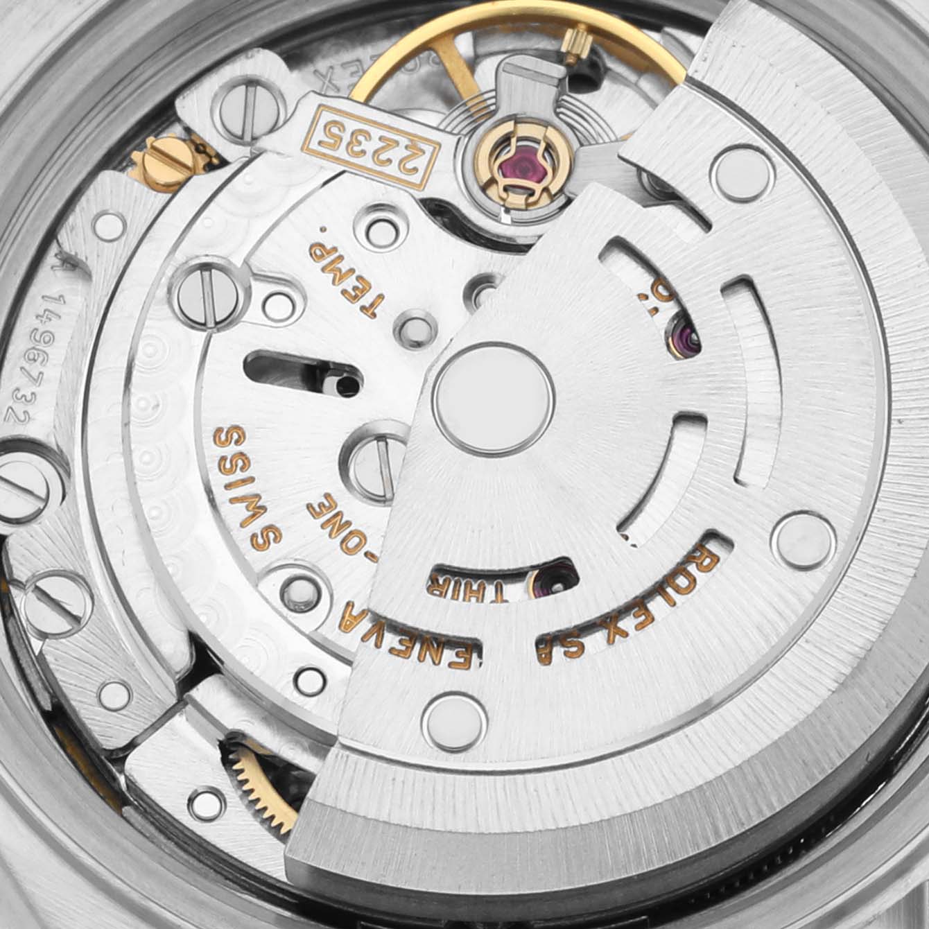 This is a close-up view of the inner movement components of a Rolex Datejust 79174 Women's Stainless Steel Blue Dial 79174 Women's Stainless Steel Blue Dial watch.