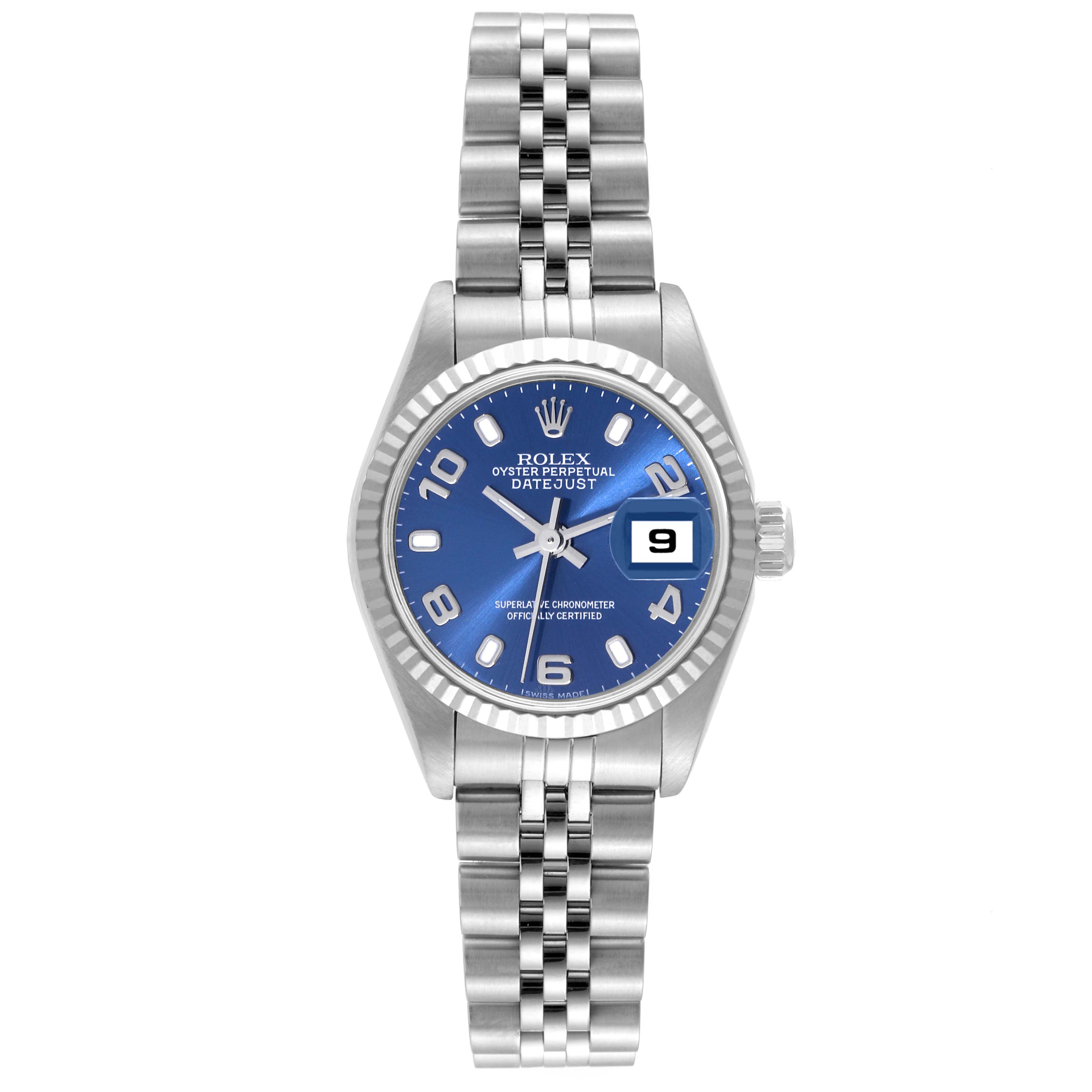 The Rolex Datejust 79174 Women's Stainless Steel Blue Dial 79174 Women's Stainless Steel Blue Dial watch is shown from a top-down angle, displaying its blue dial, bezel, bracelet, and date window.
