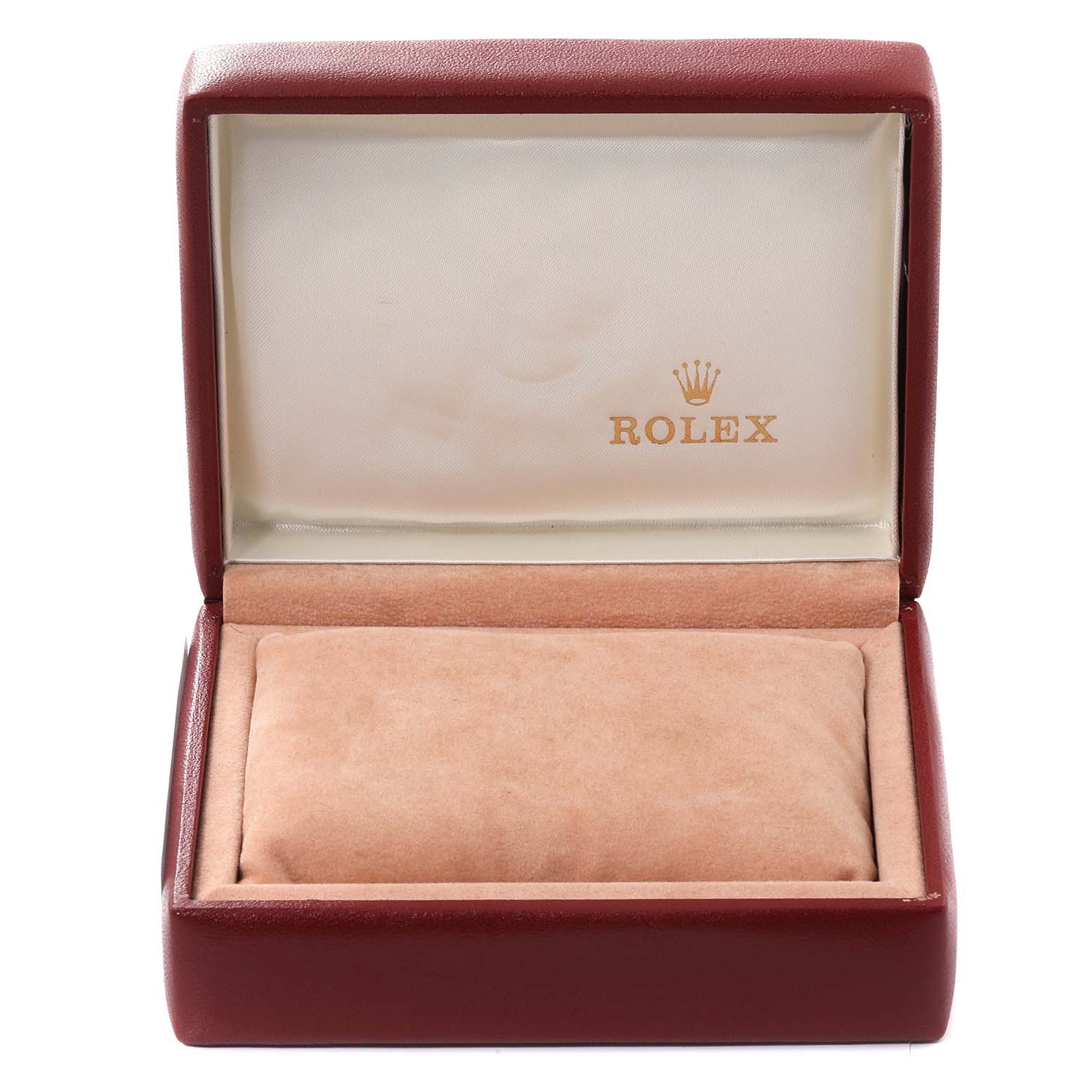 The image shows an open Rolex Datejust 79174 Women's Stainless Steel Blue Dial 79174 Women's Stainless Steel Blue Dial watch box, featuring its padded interior and the Rolex logo on the lid.