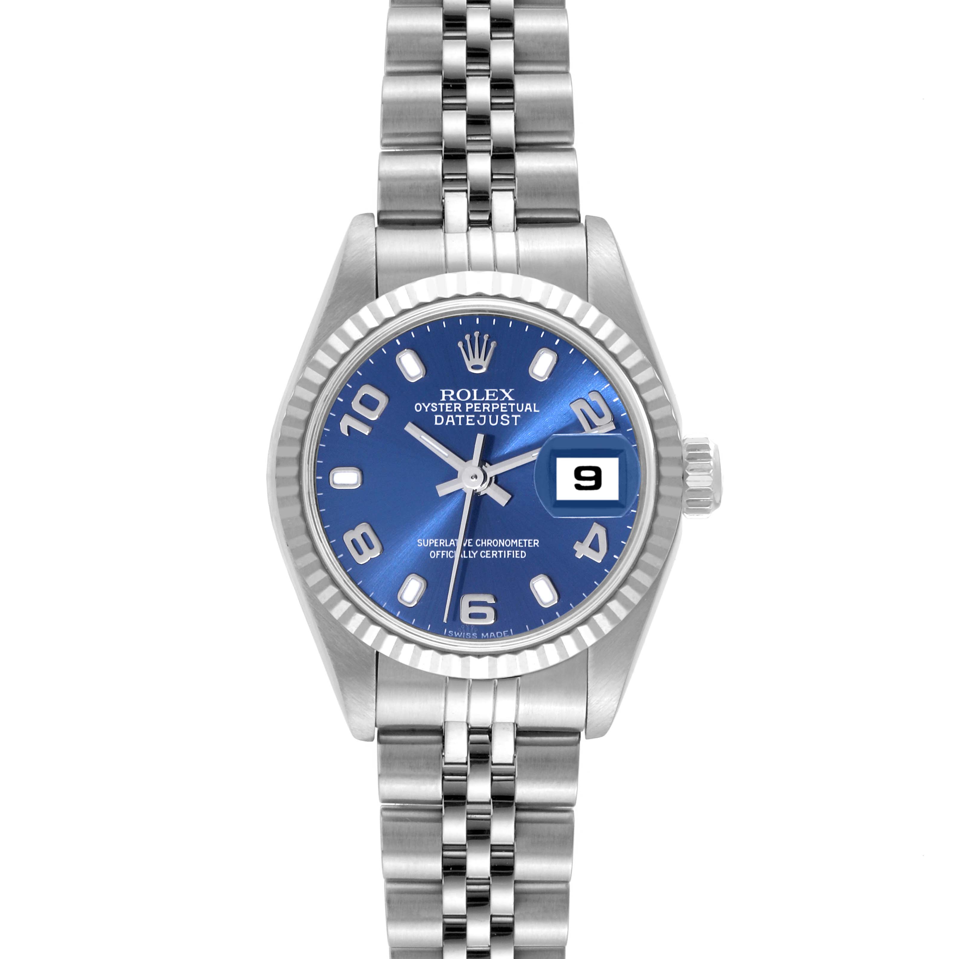The image shows a Rolex Datejust 79174 Women's Stainless Steel Blue Dial 79174 Women's Stainless Steel Blue Dial watch from a front perspective, highlighting its blue dial, date window, and jubilee bracelet.