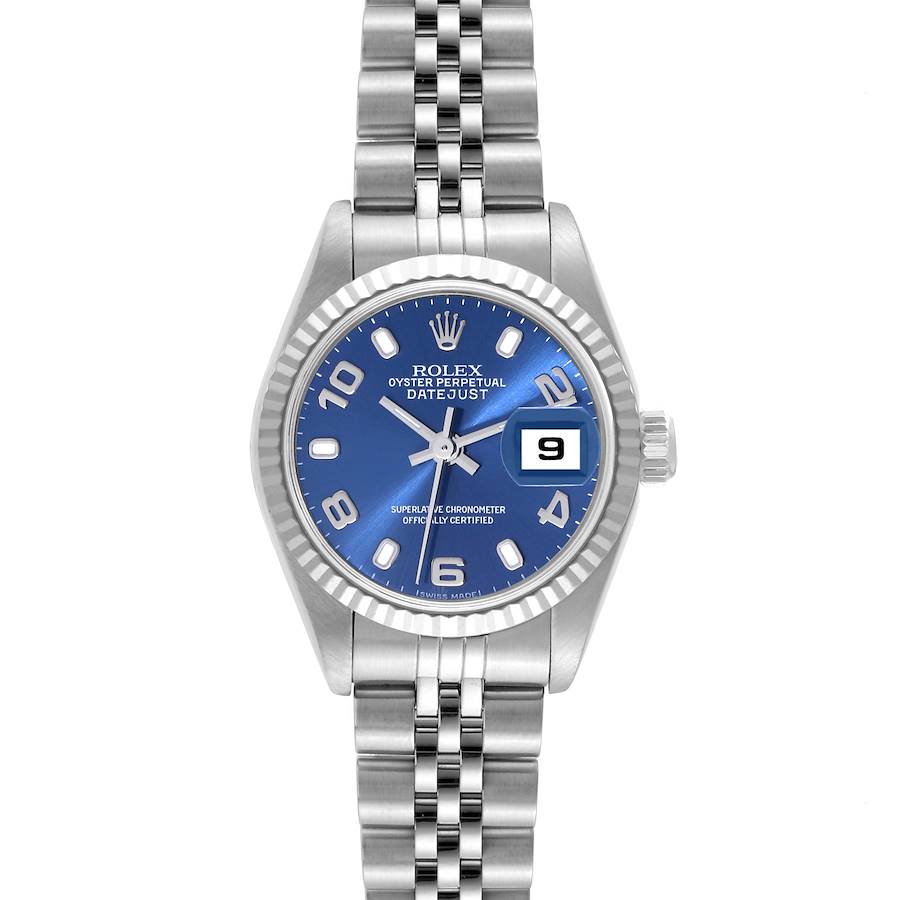 The image shows a Rolex Datejust watch from a front perspective, highlighting its blue dial, date window, and jubilee bracelet.