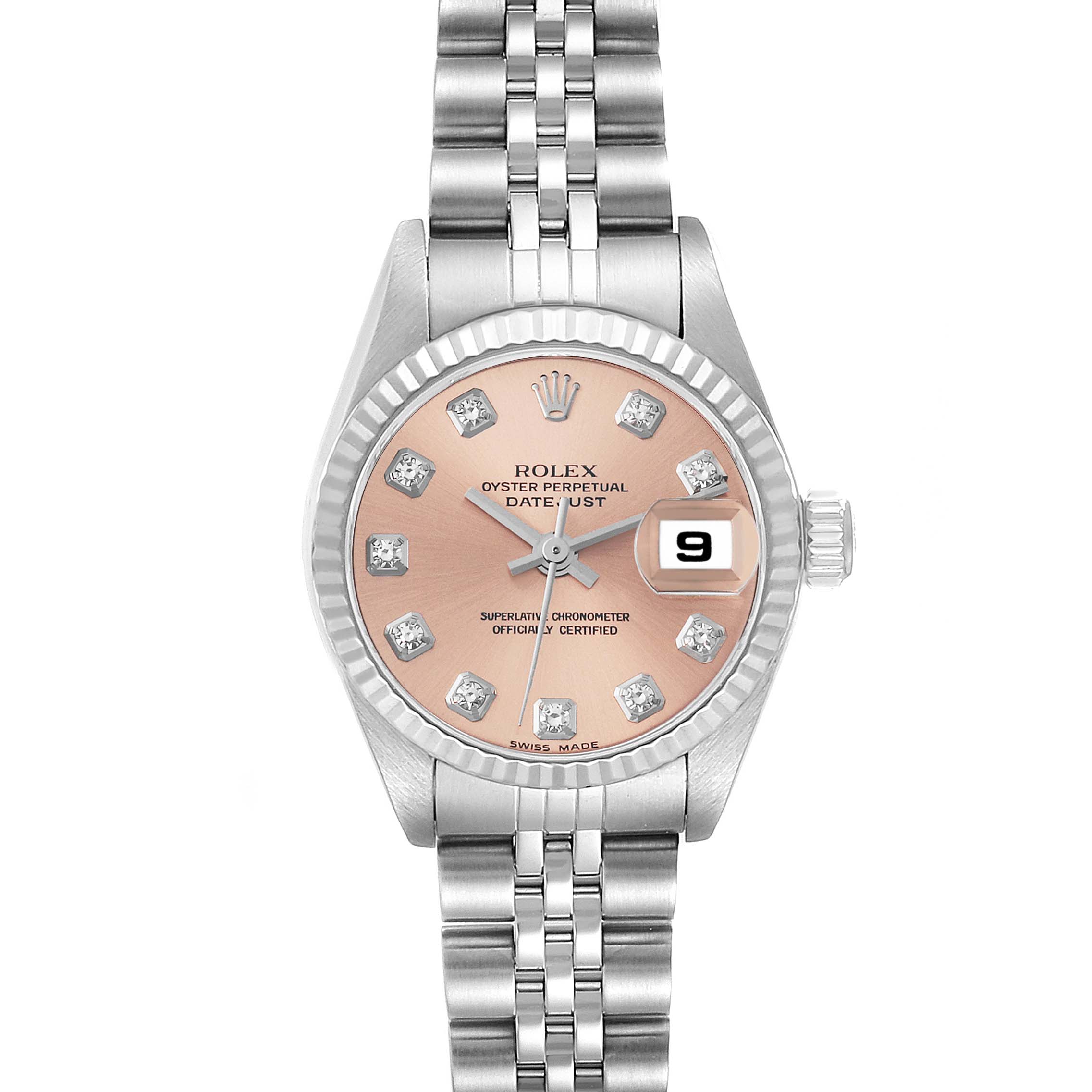 The Rolex Datejust 79174 Women's Stainless Steel Pink Dial 79174 Women's Stainless Steel Pink Dial watch is shown from a top-down angle, displaying its face, bracelet, and date window.