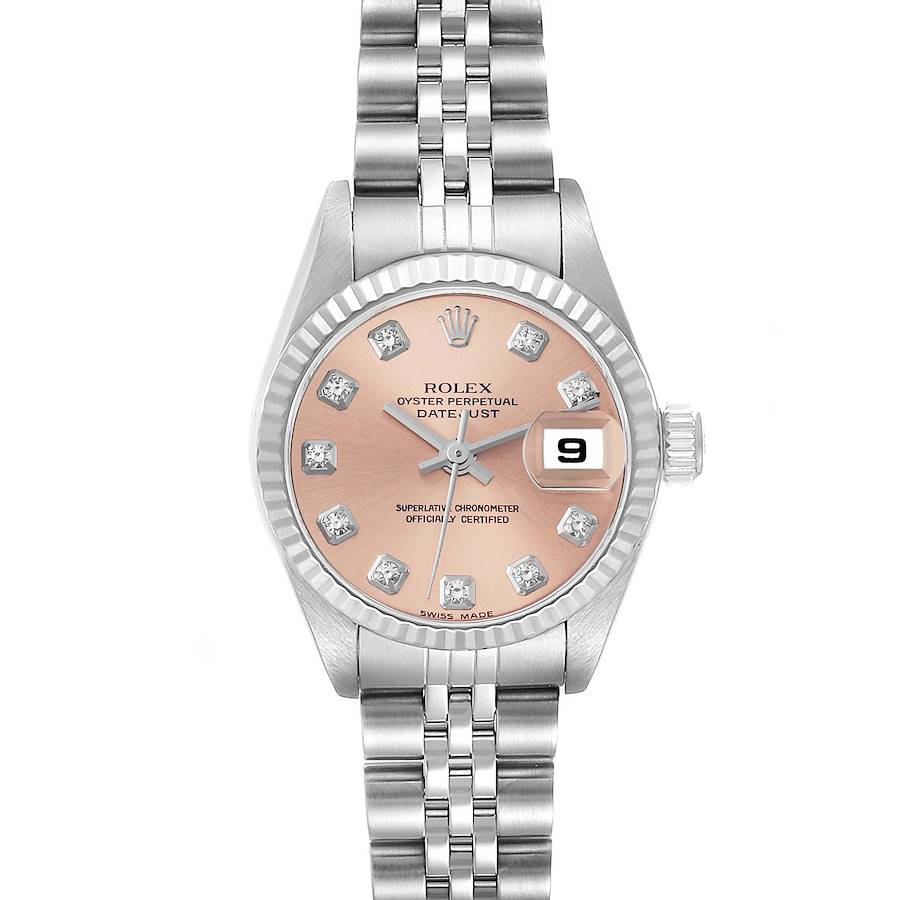 The Rolex Datejust watch is shown from a top-down angle, displaying its face, bracelet, and date window.