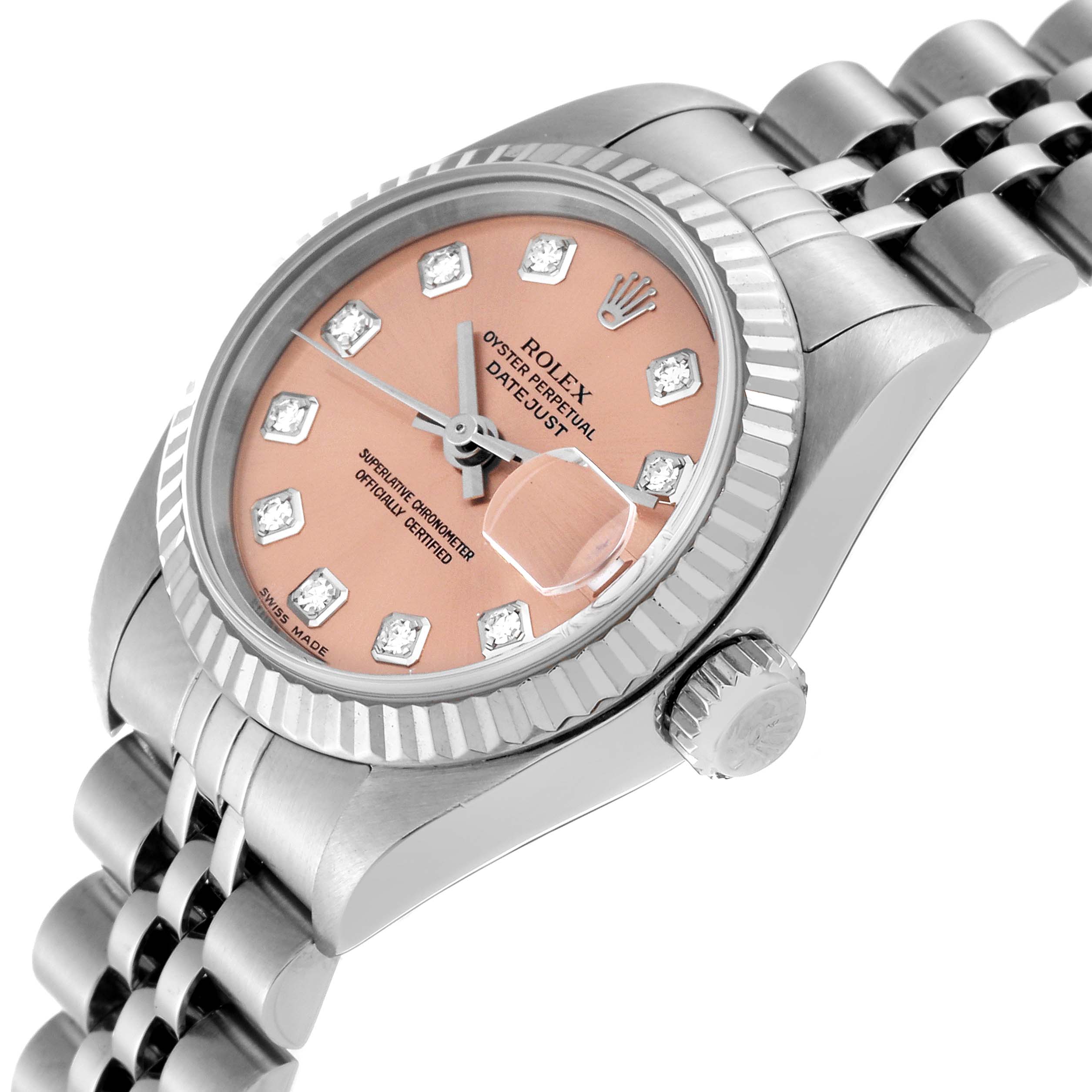 The image shows a close-up, angled view of the dial, bezel, crown, and part of the bracelet of a Rolex Datejust 79174 Women's Stainless Steel Pink Dial 79174 Women's Stainless Steel Pink Dial watch.