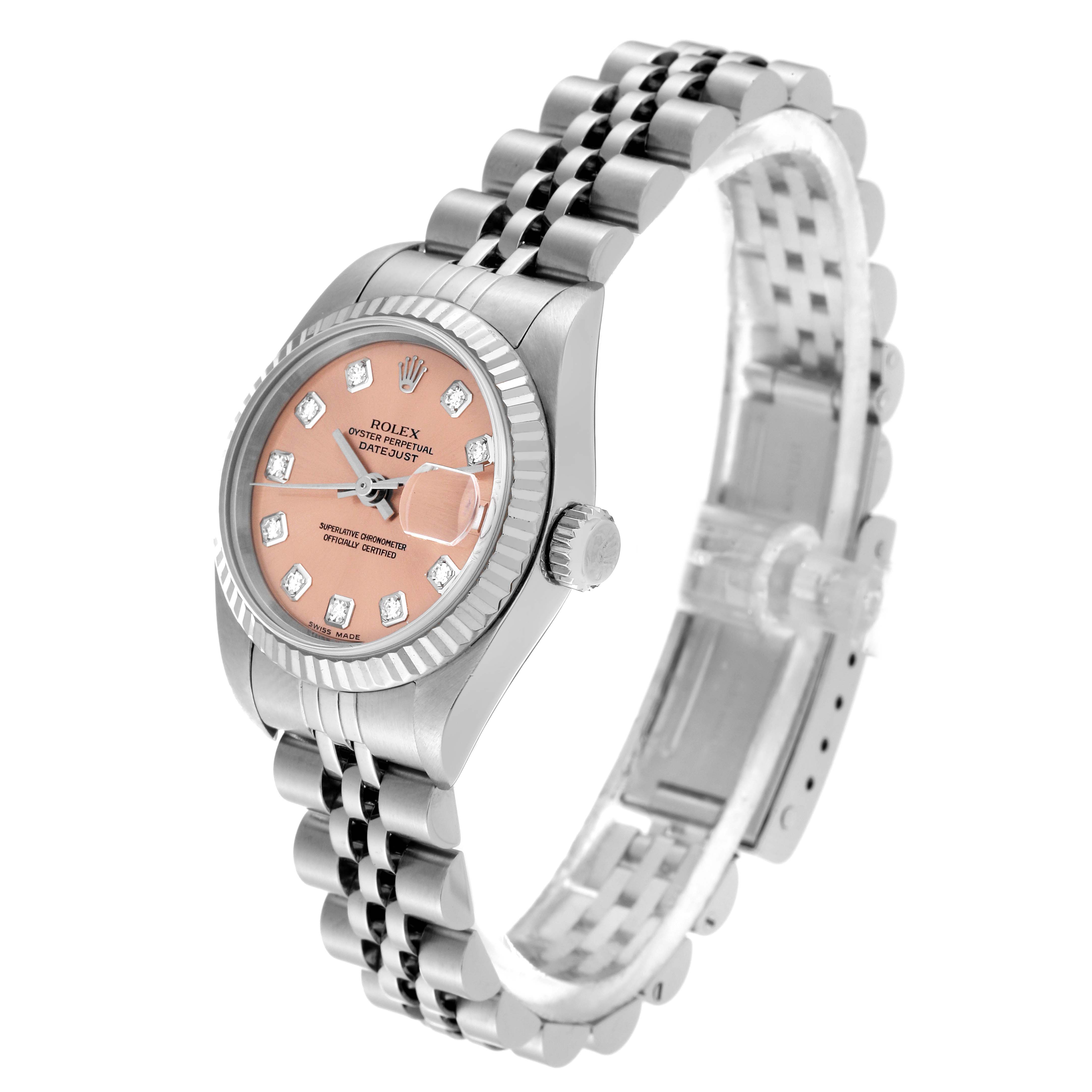 The image shows a Rolex Datejust 79174 Women's Stainless Steel Pink Dial 79174 Women's Stainless Steel Pink Dial watch at a three-quarter angle, highlighting the pink dial, diamond hour markers, and jubilee bracelet.