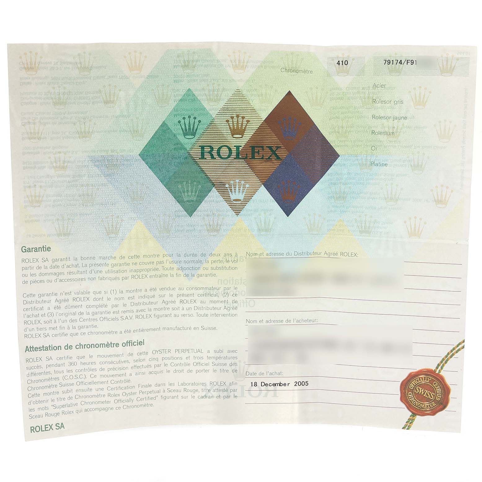 The image shows a warranty certificate for a Rolex Datejust 79174 Women's Stainless Steel Pink Dial 79174 Women's Stainless Steel Pink Dial watch.