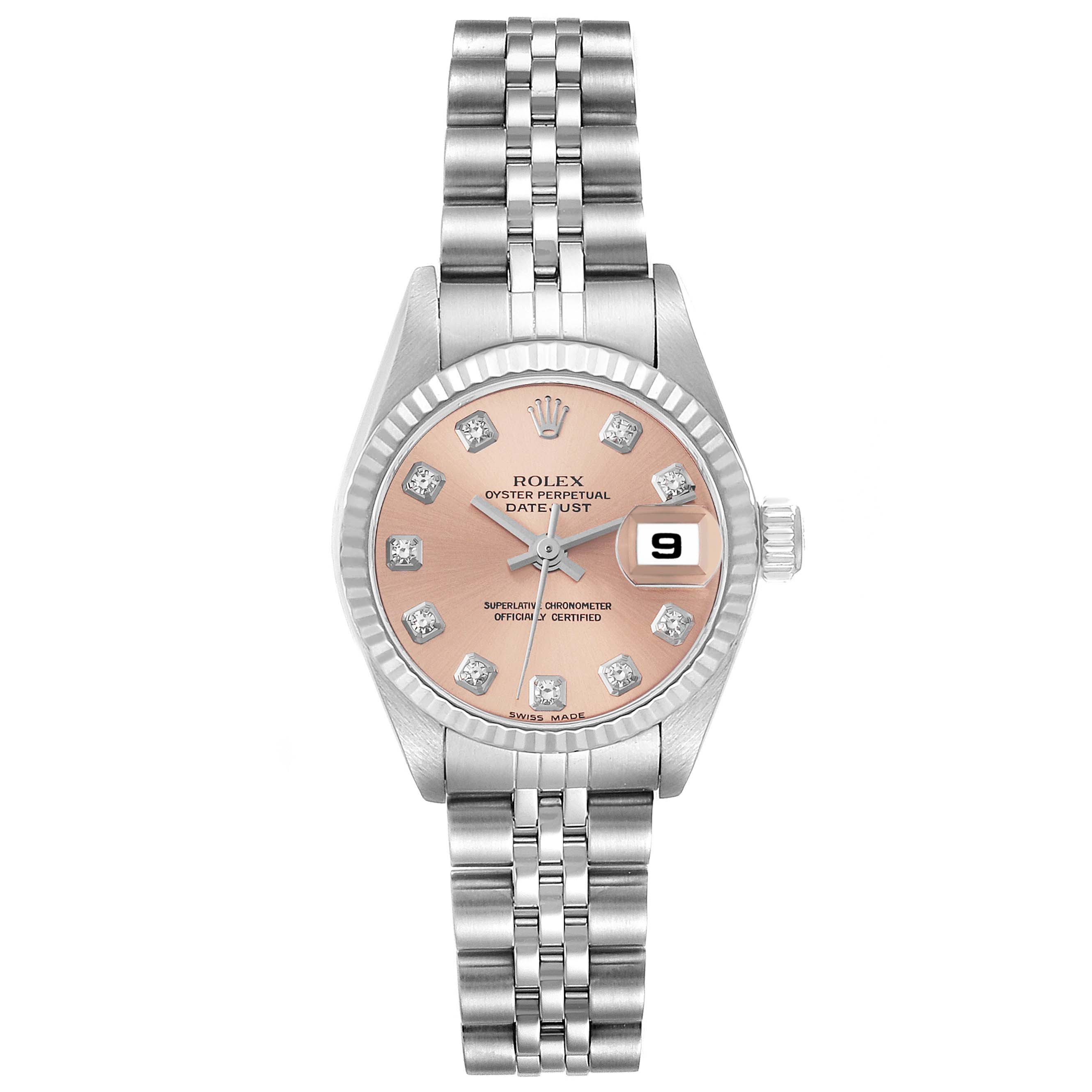 This is a front view of a Rolex Datejust 79174 Women's Stainless Steel Pink Dial 79174 Women's Stainless Steel Pink Dial watch, displaying the face, dial, and bracelet.