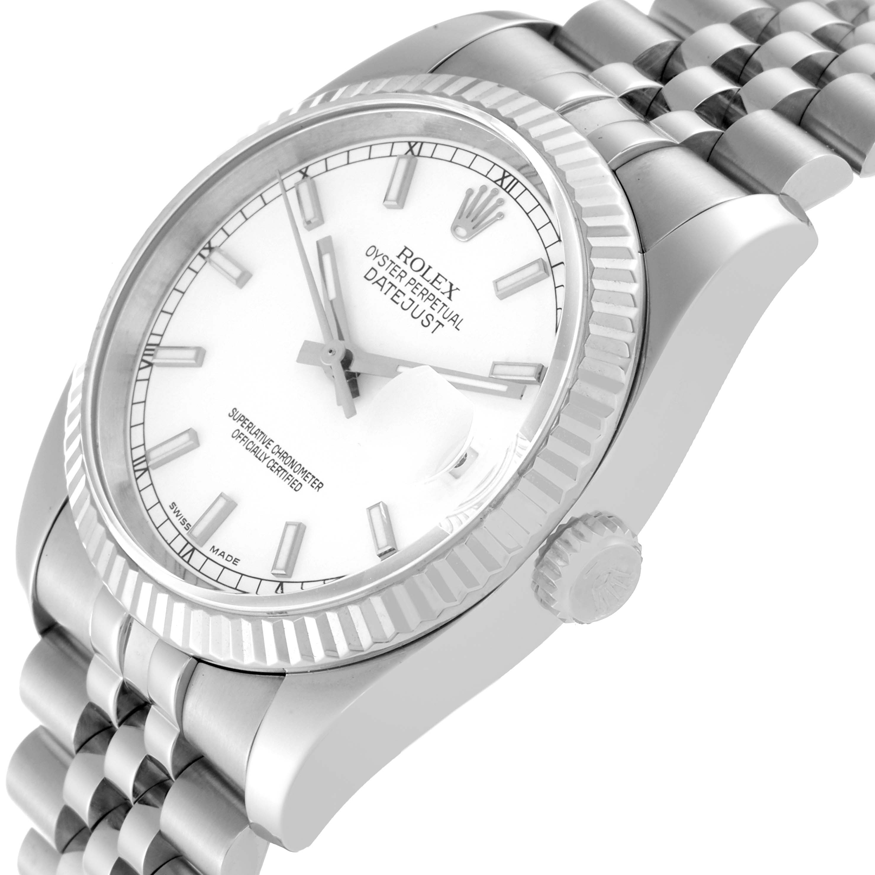 This image shows a side angle view of a Rolex Datejust 116234 Men's Stainless Steel White Dial 116234 Men's Stainless Steel White Dial watch with the bezel, crown, dial, and part of the bracelet visible.