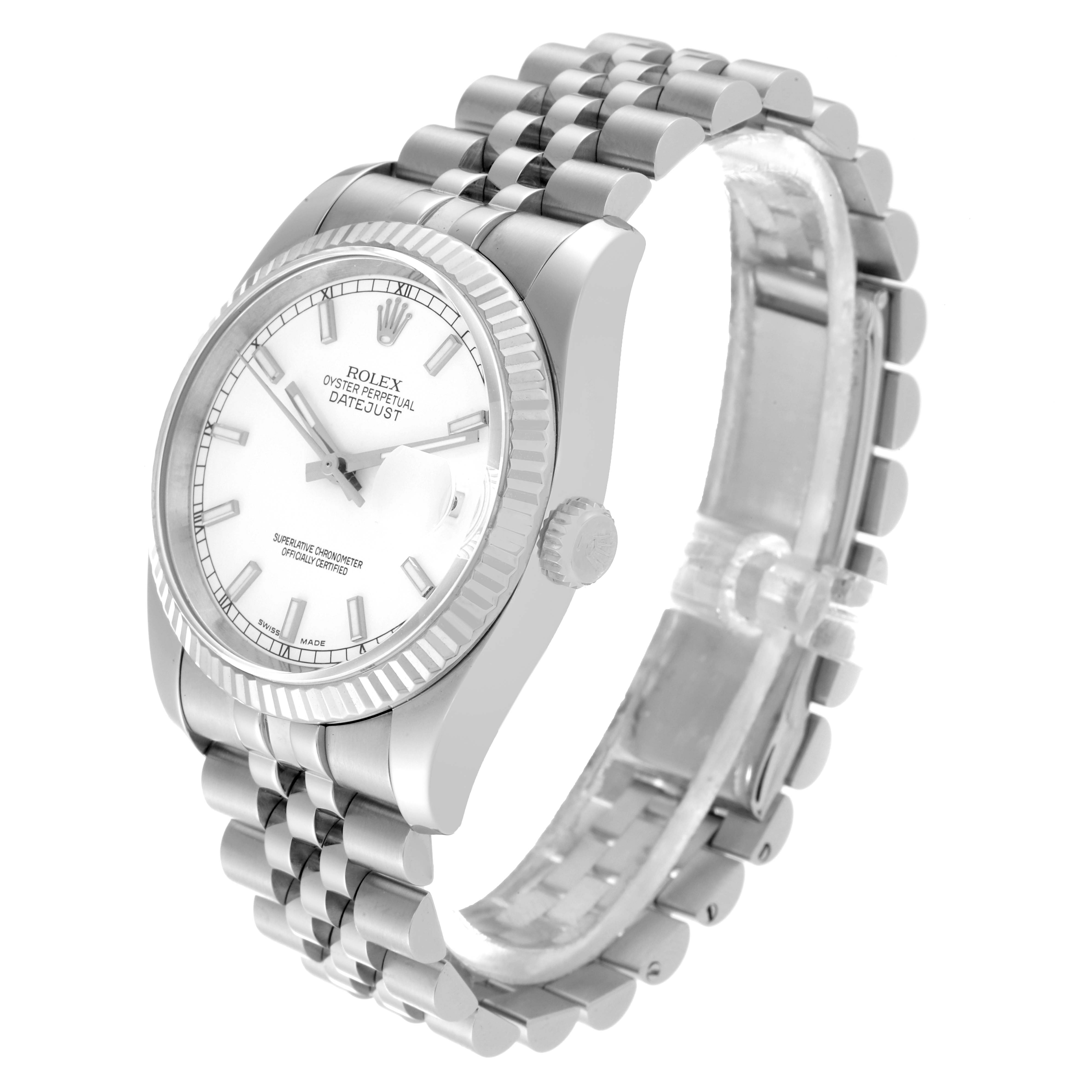 The image shows a Rolex Datejust 116234 Men's Stainless Steel White Dial 116234 Men's Stainless Steel White Dial watch angled to show the dial, crown, and bracelet.