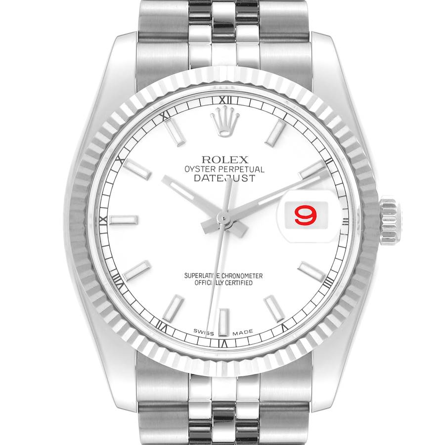 This image shows a front view of the Rolex Datejust watch, highlighting the face, bezel, and part of the bracelet.