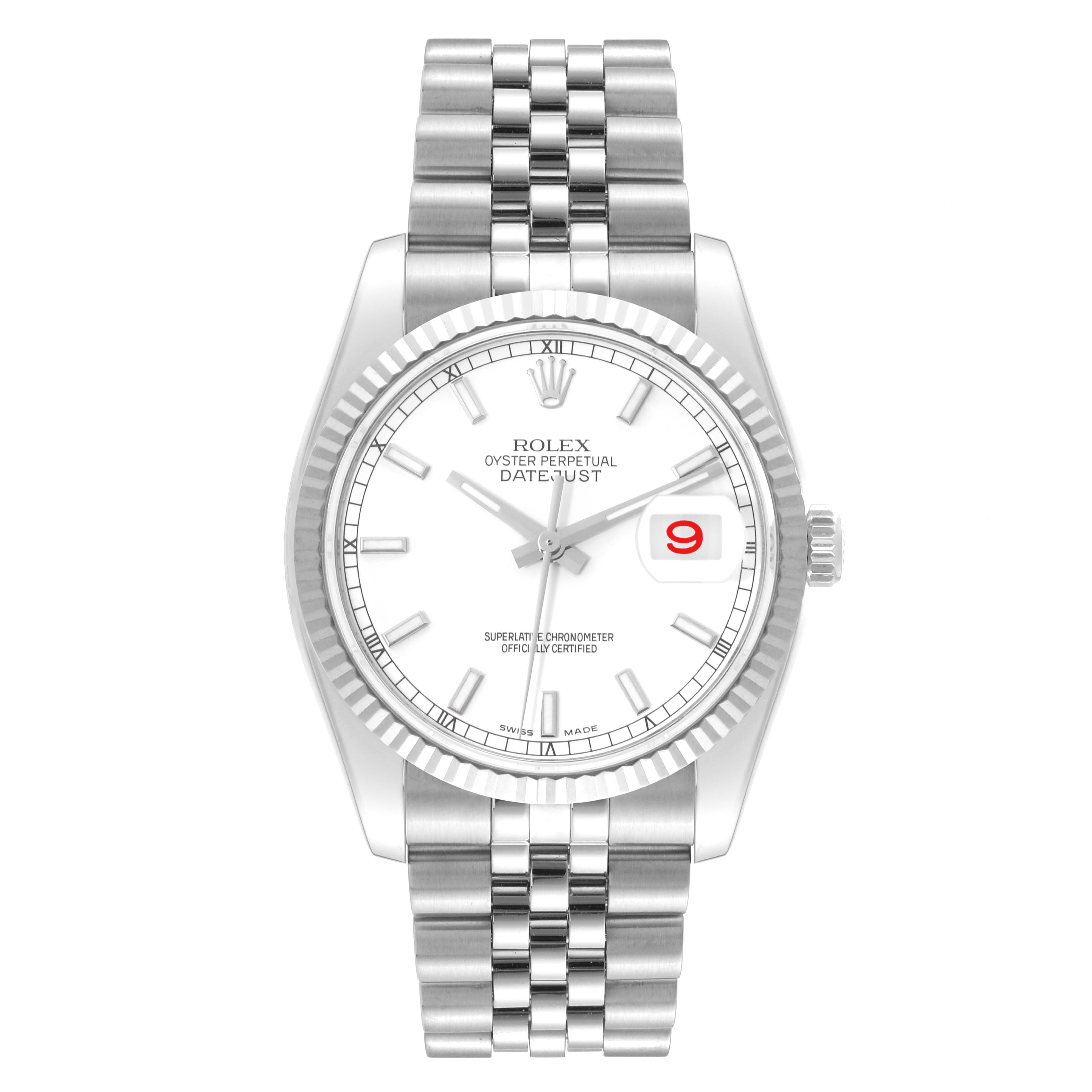 The image shows a frontal view of the Rolex Datejust 116234 Men's Stainless Steel White Dial 116234 Men's Stainless Steel White Dial watch, featuring the dial, bezel, and bracelet.