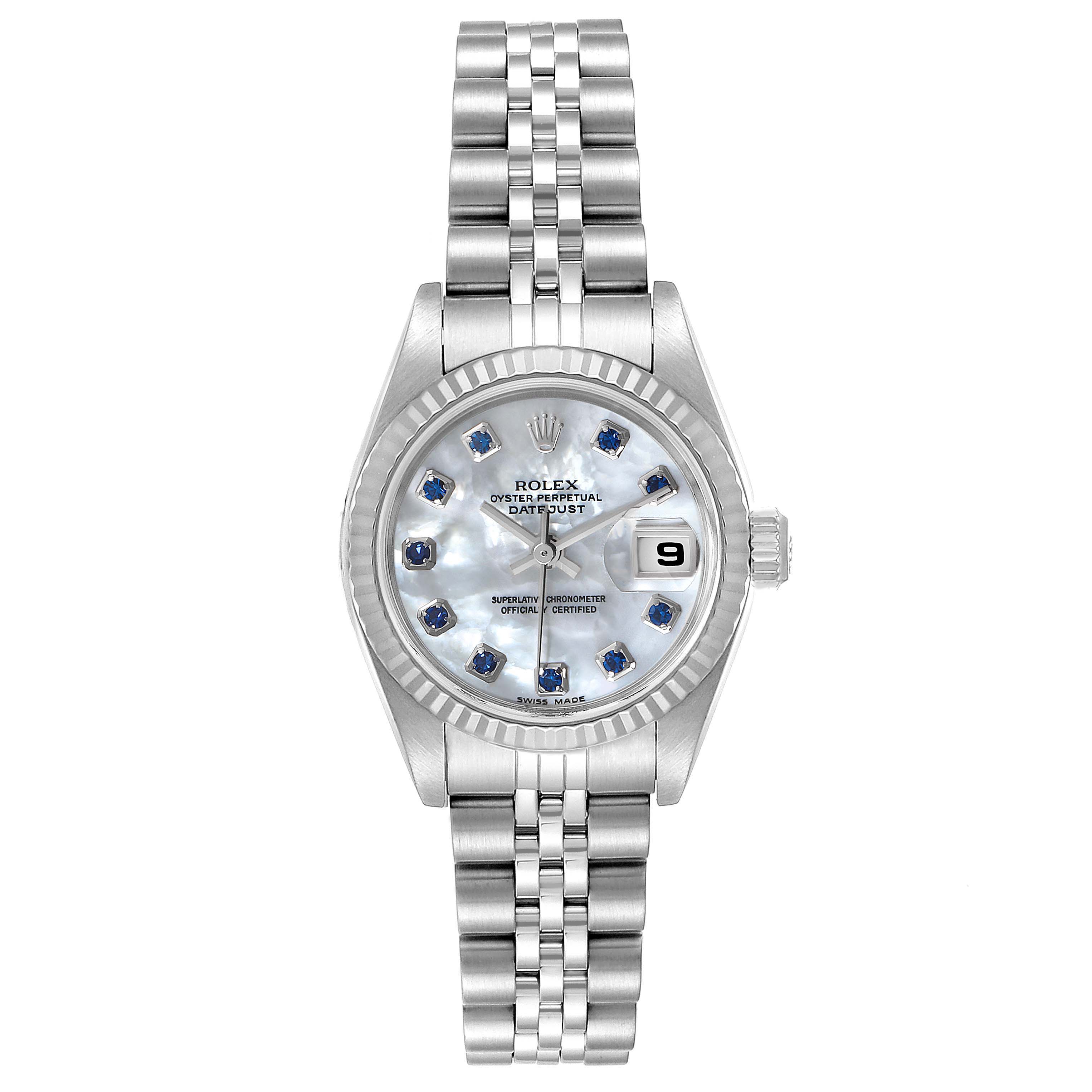 This image shows a front view of the Rolex Datejust 79174 Women
s Stainless Steel Mother of Pearl Dial 79174 Women
s Stainless Steel Mother of Pearl Dial watch, displaying the face, bezel, and part of the bracelet.