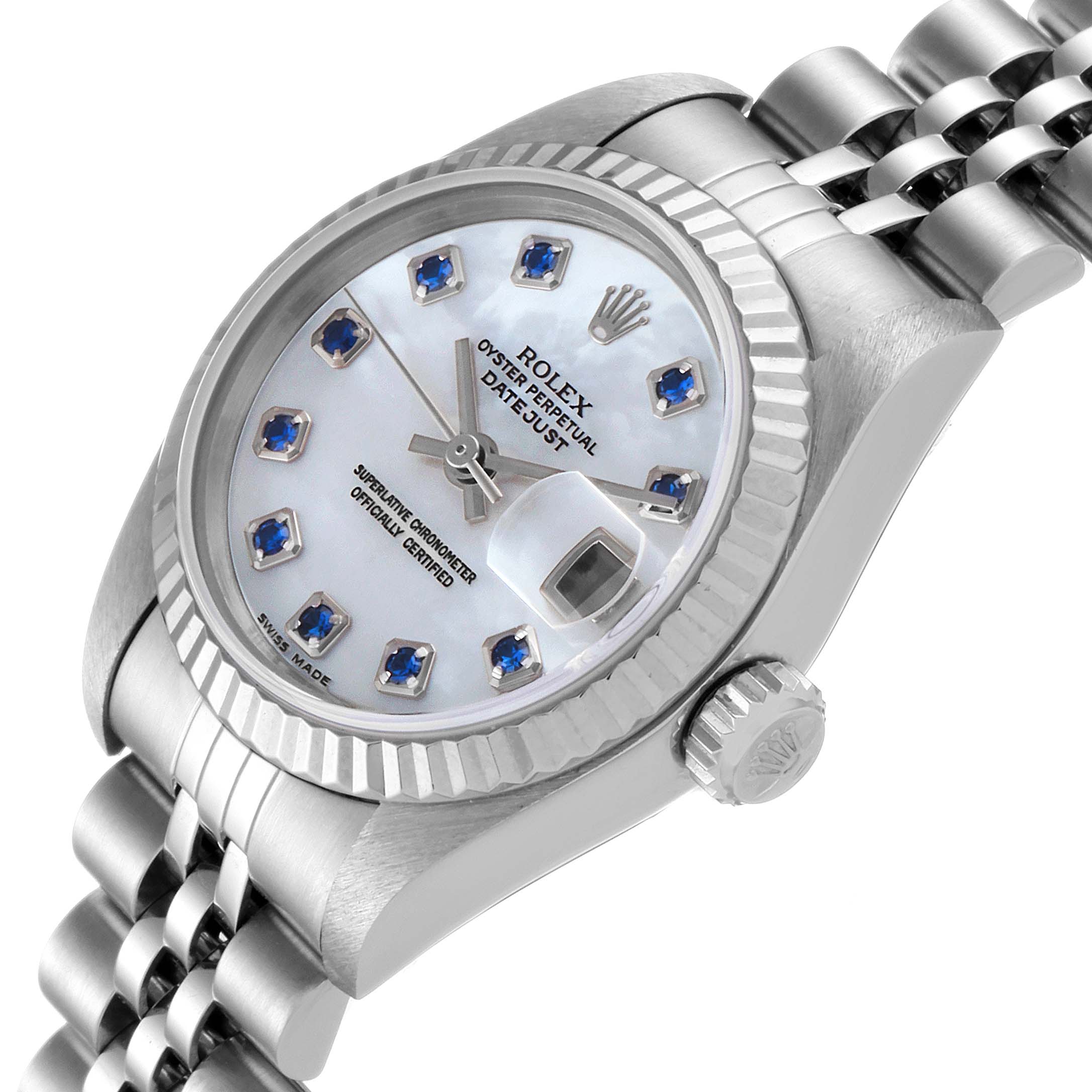 The image shows a side-front angle of a Rolex Datejust 79174 Women
s Stainless Steel Mother of Pearl Dial 79174 Women
s Stainless Steel Mother of Pearl Dial watch, highlighting the dial, crown, and bracelet.
