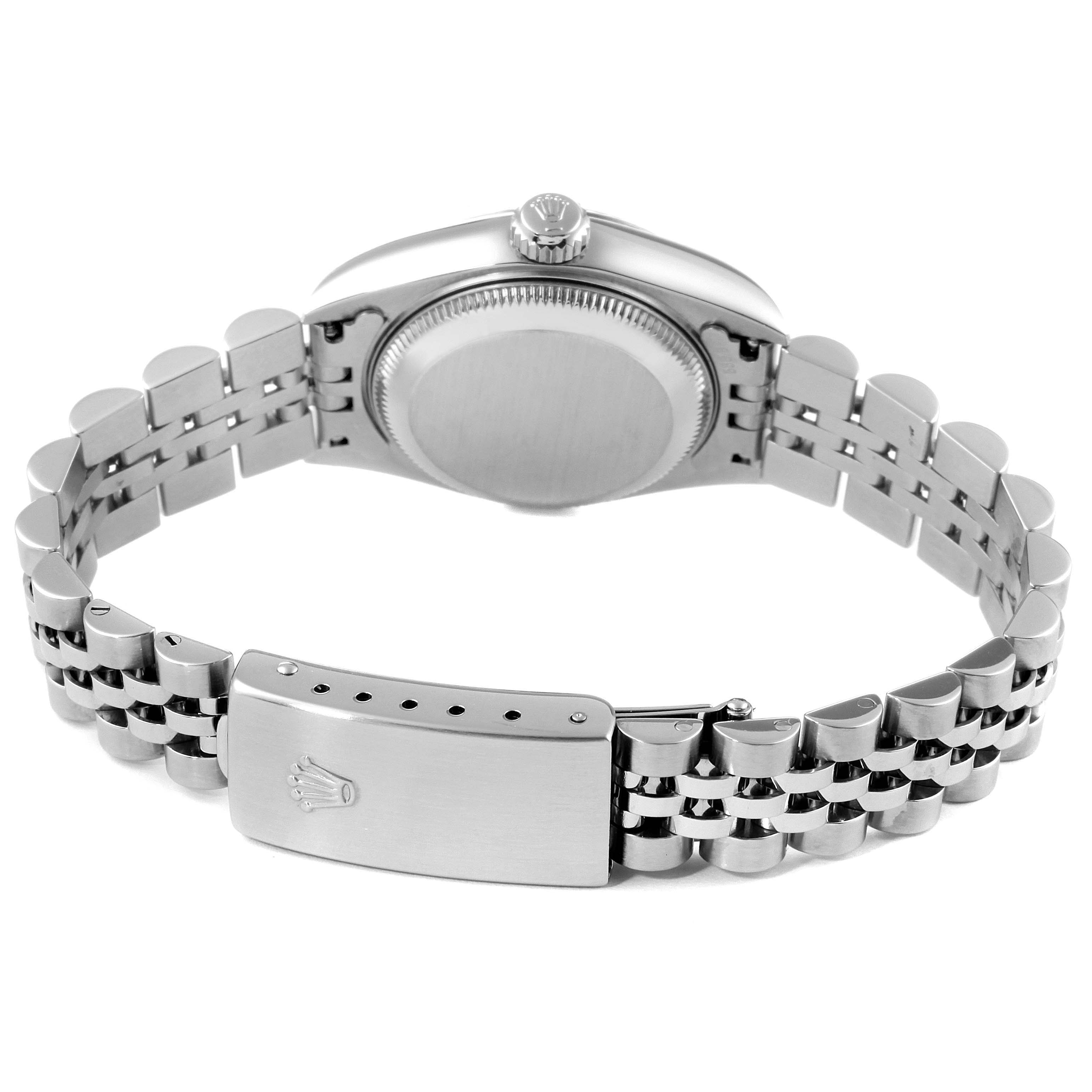 The image shows the backside, clasp, and bracelet of a Rolex Datejust 79174 Women
s Stainless Steel Mother of Pearl Dial 79174 Women
s Stainless Steel Mother of Pearl Dial watch.