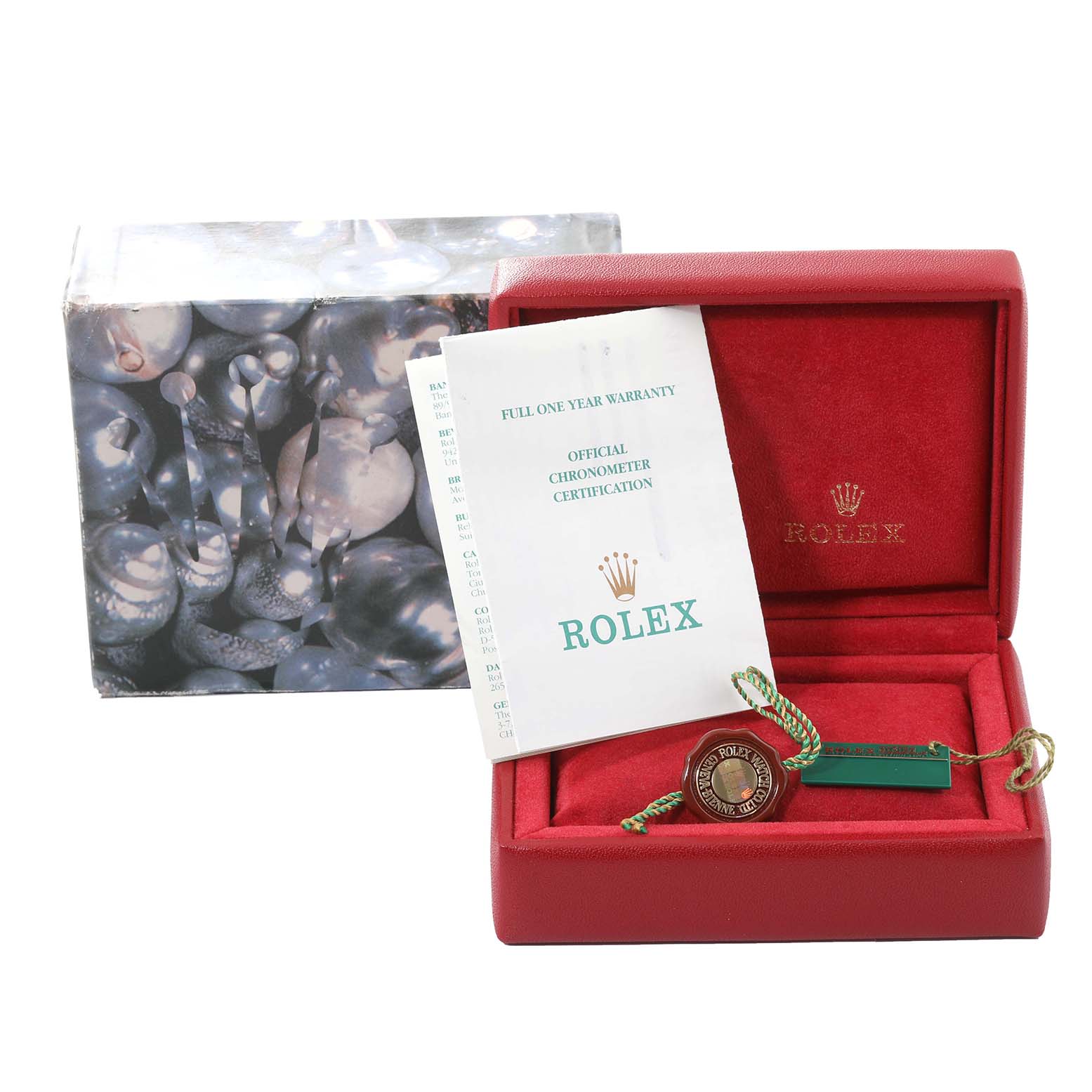 The image shows a Rolex Datejust 79174 Women's Stainless Steel Mother of Pearl Dial 79174 Women's Stainless Steel Mother of Pearl Dial watch box, warranty card, and certification in an open red case with a tag.