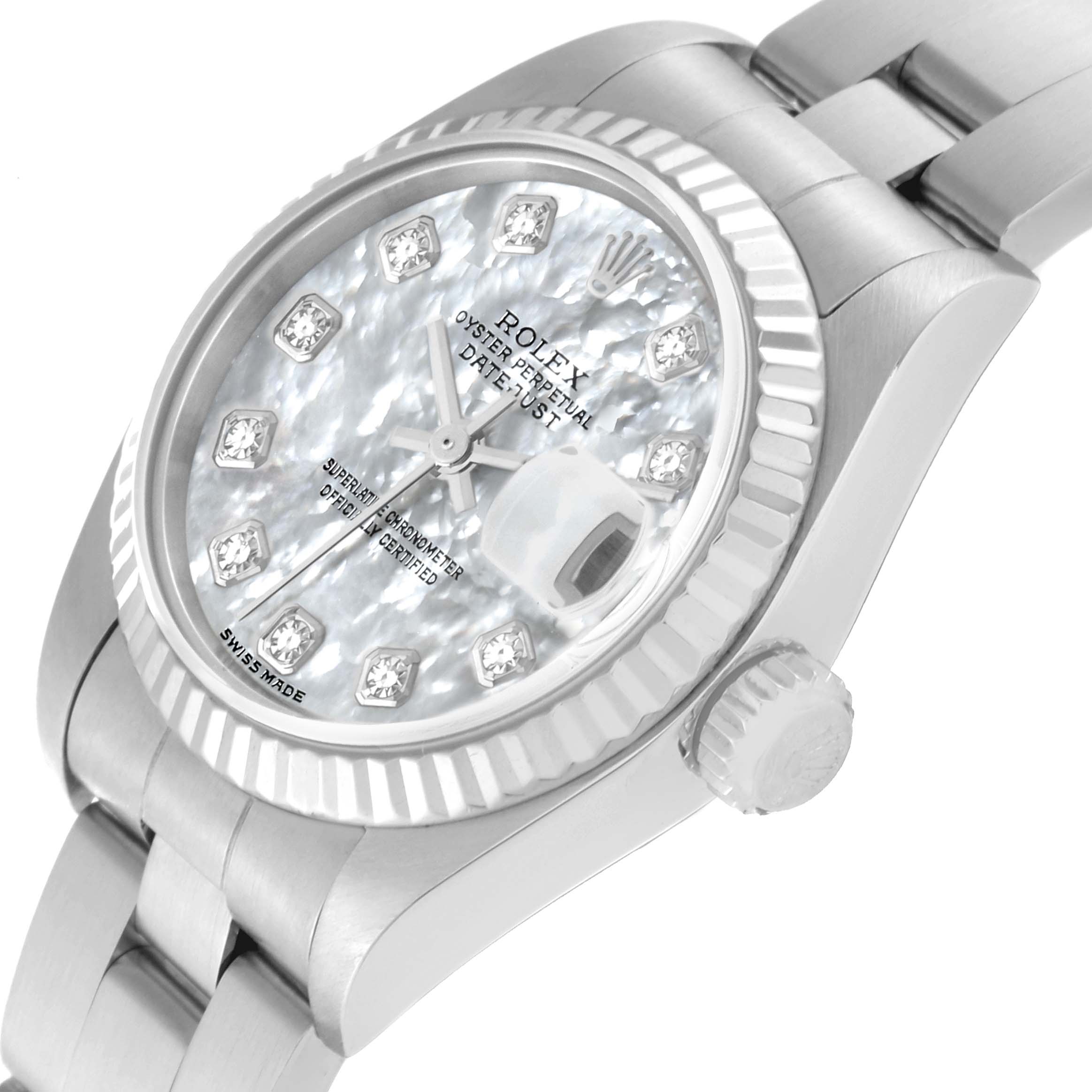 The Rolex Datejust 79174 Women's Stainless Steel Mother of Pearl Dial 79174 Women's Stainless Steel Mother of Pearl Dial watch is shown at an angle highlighting the dial, crown, and part of the bracelet.