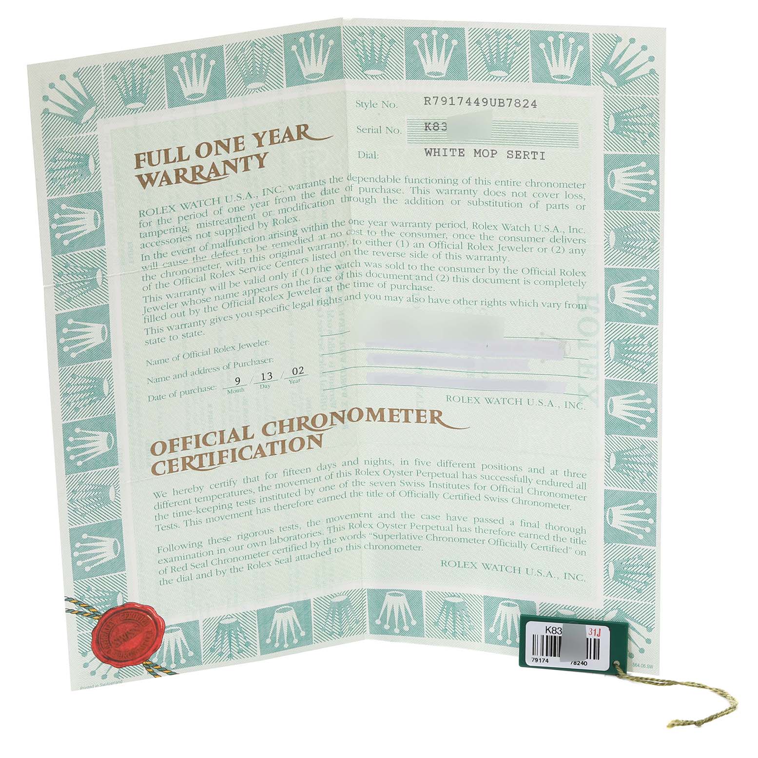 This image shows the warranty and certification papers for a Rolex Datejust 79174 Women's Stainless Steel Mother of Pearl Dial 79174 Women's Stainless Steel Mother of Pearl Dial watch.