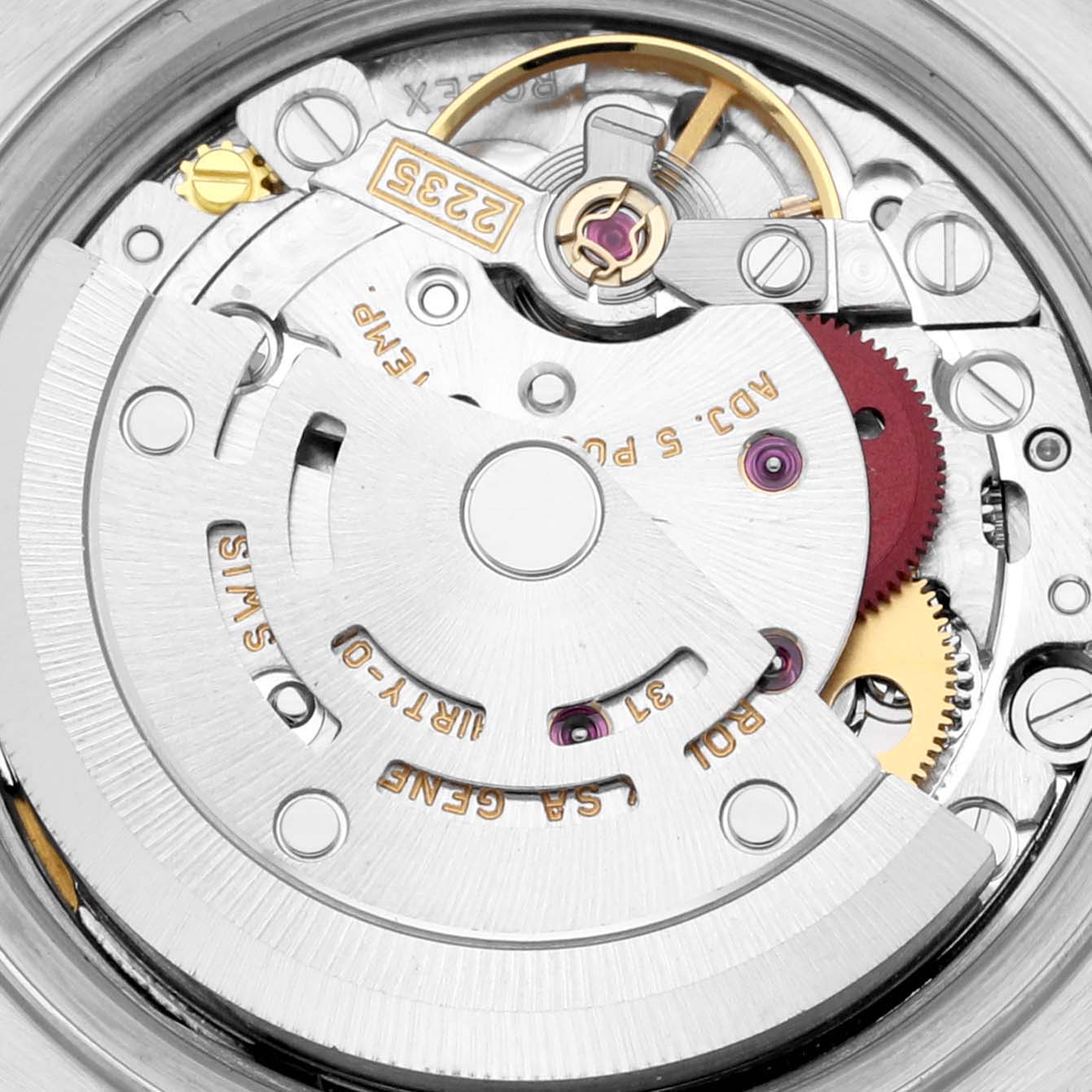This is a close-up view of the movement inside a Rolex Datejust 79174 Women's Stainless Steel Mother of Pearl Dial 79174 Women's Stainless Steel Mother of Pearl Dial watch, showcasing its intricate mechanics and components.