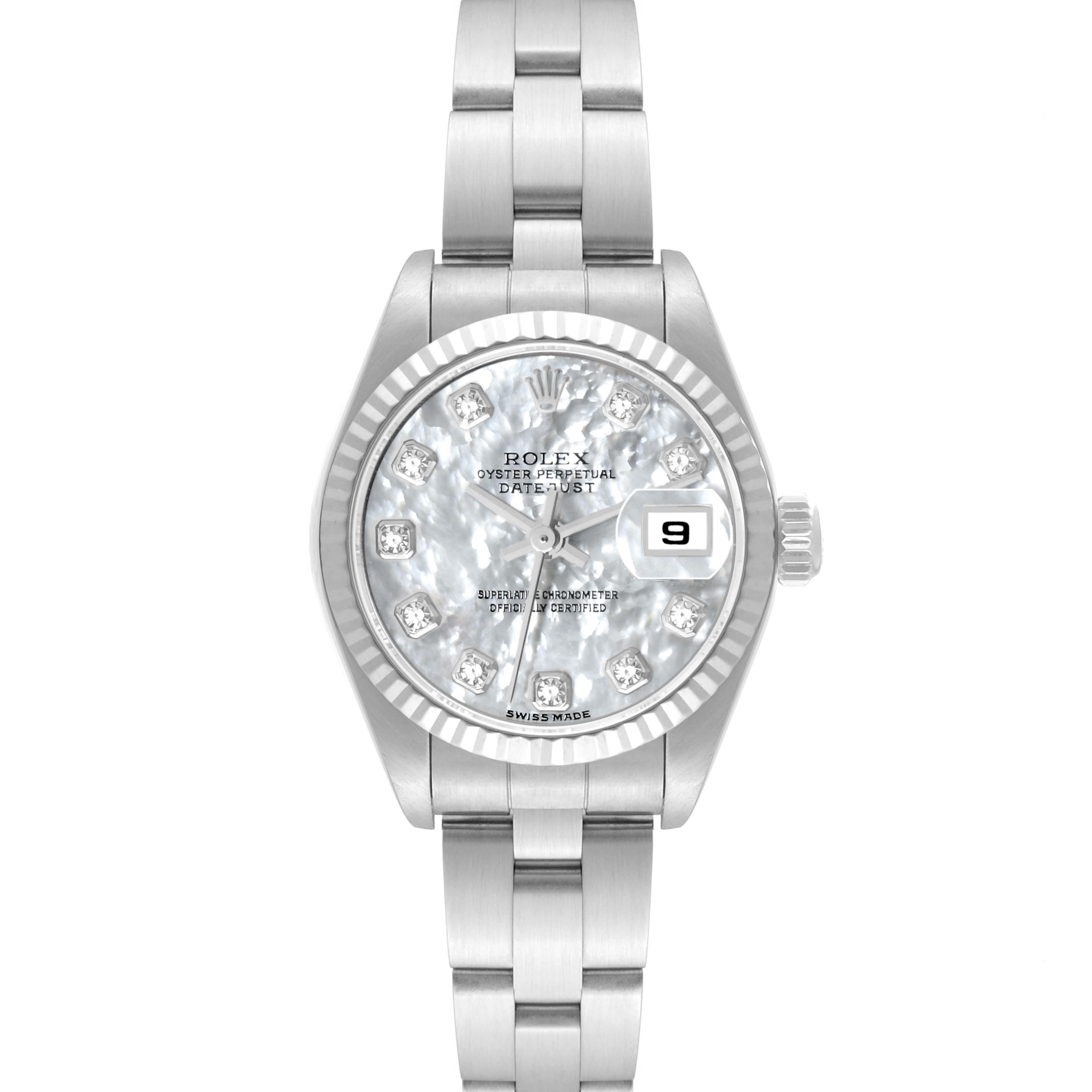 This image shows a front view of the Rolex Datejust 79174 Women's Stainless Steel Mother of Pearl Dial 79174 Women's Stainless Steel Mother of Pearl Dial watch, highlighting its dial, date window, and bracelet.