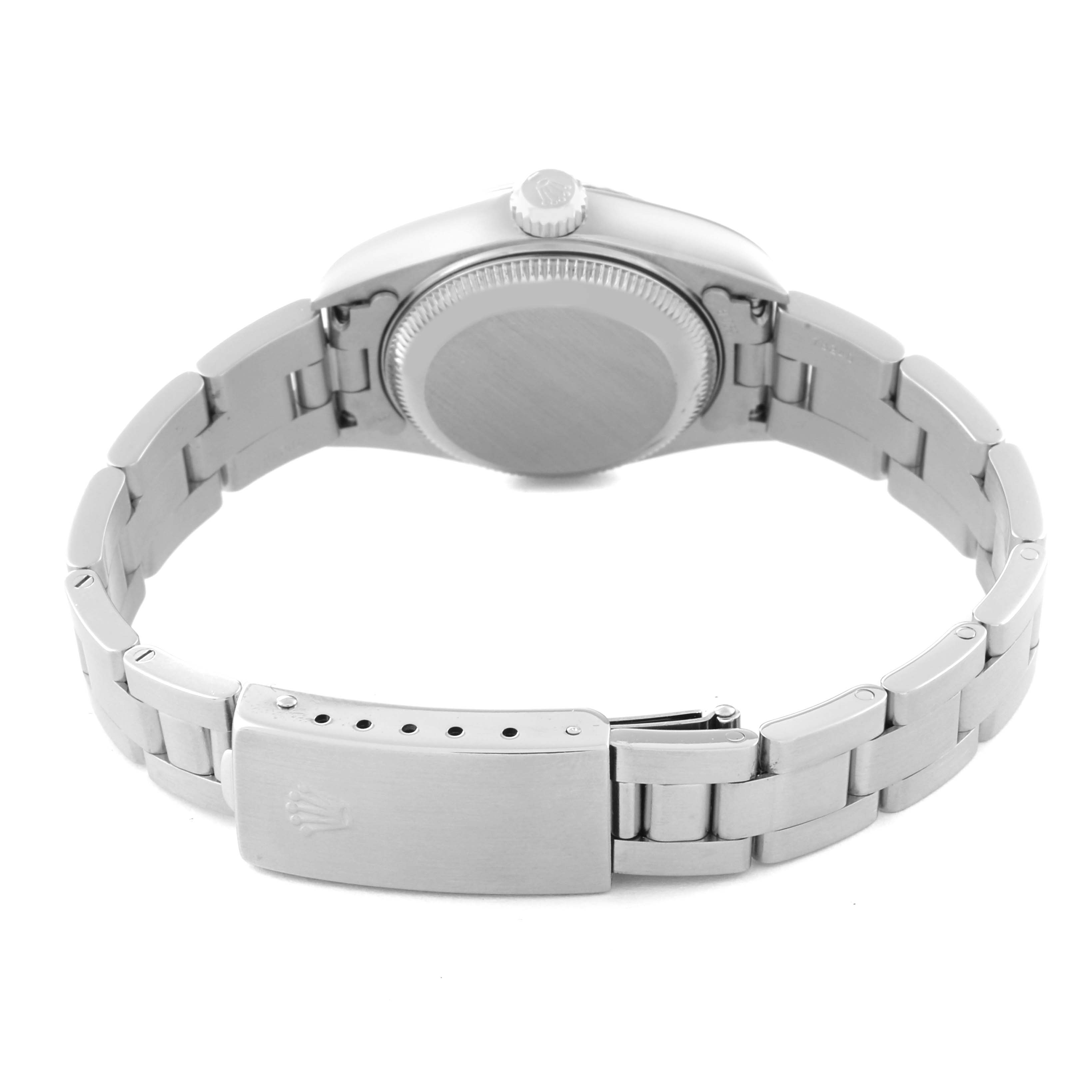 This image shows the back view of a Rolex Datejust 79174 Women's Stainless Steel Mother of Pearl Dial 79174 Women's Stainless Steel Mother of Pearl Dial watch, highlighting the case back, crown, and metal bracelet with the clasp.