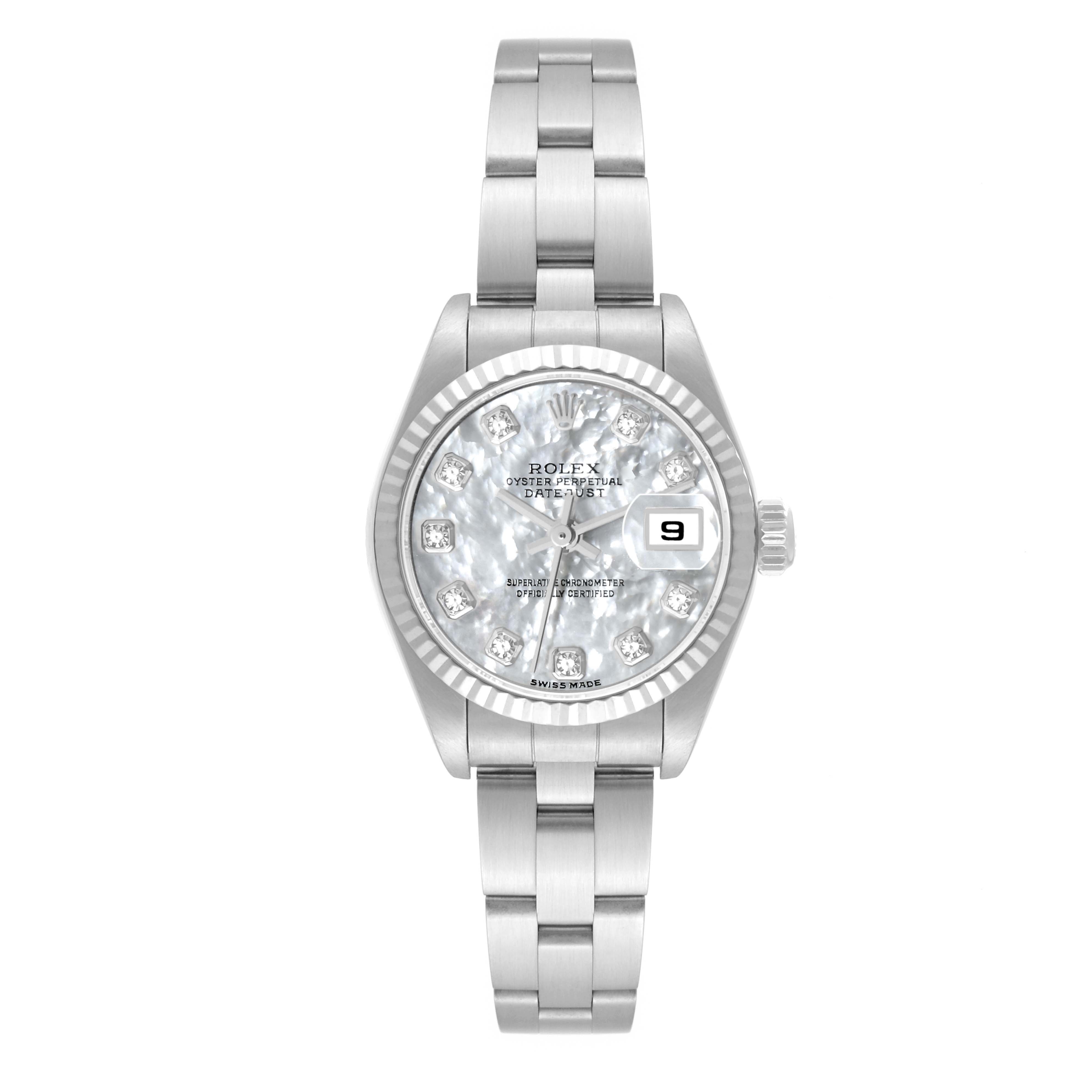 The image shows a frontal view of a Rolex Datejust 79174 Women's Stainless Steel Mother of Pearl Dial 79174 Women's Stainless Steel Mother of Pearl Dial watch displaying its bracelet, dial, bezel, and date window.
